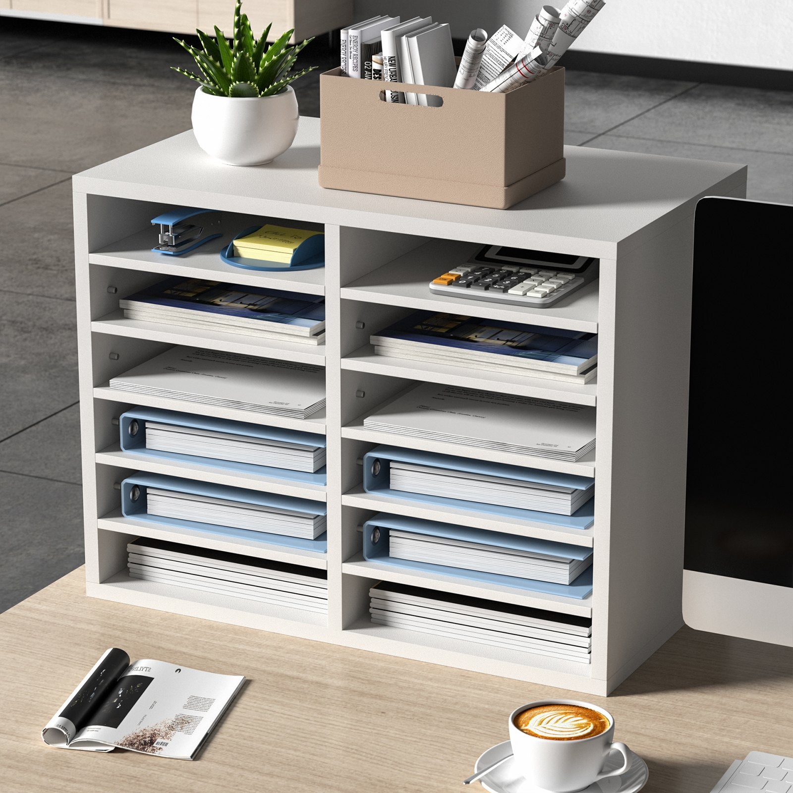 VEVOR Wood Literature Organizer Adjustable File Sorter 12 Compartments White