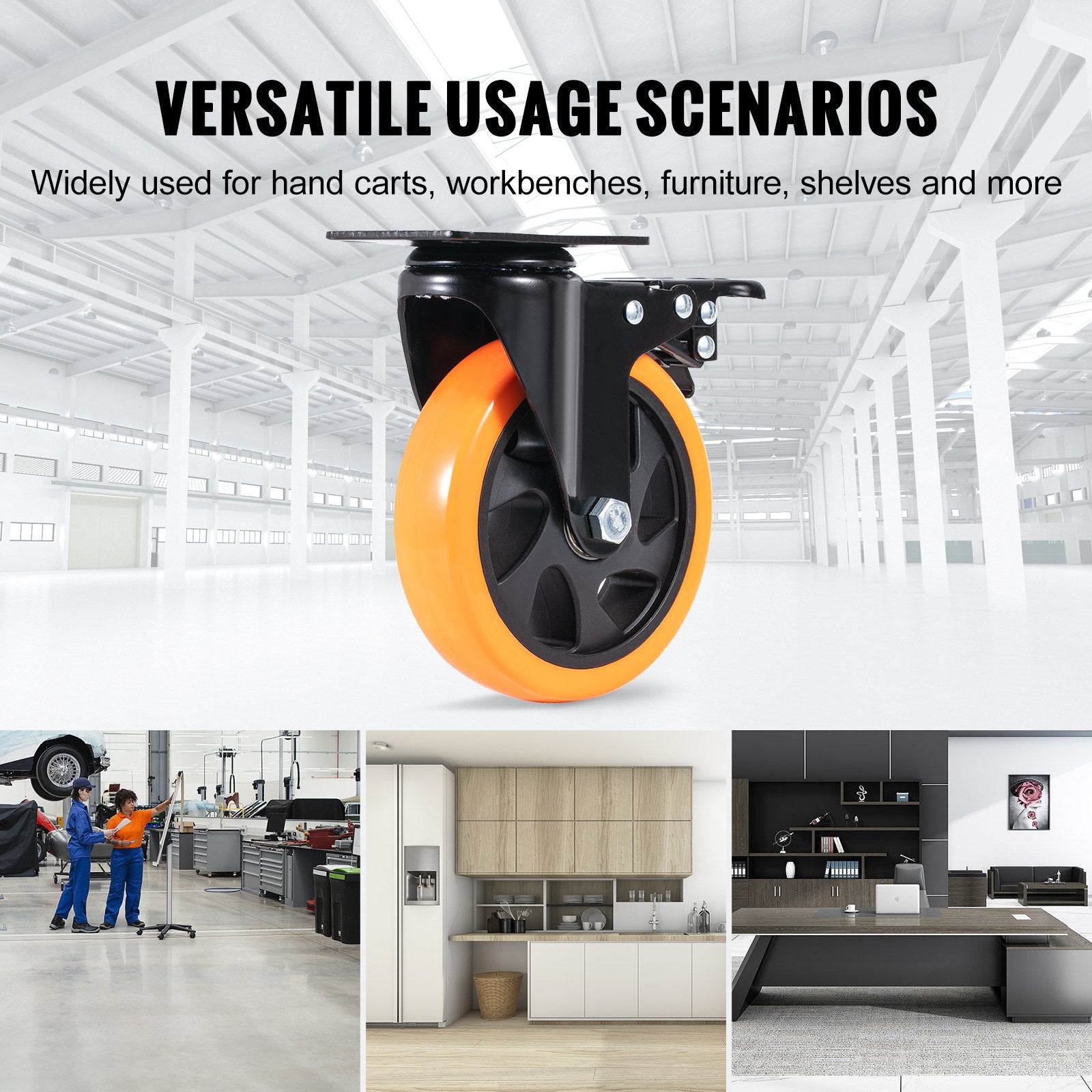 VEVOR Caster Wheels, 127 mm Swivel Plate Casters, Set of 4, with Security A/B Locking No Noise PVC Wheels, Heavy Duty 204 kg Load Capacity Per Caster, Non-Marking Wheels for Cart Furniture Workbench