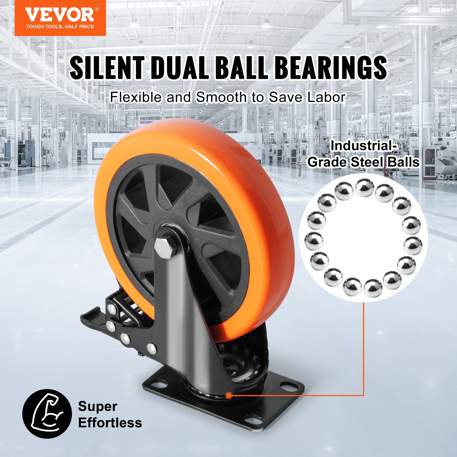 VEVOR Caster Wheels, 152.4 mm Swivel Plate Casters, Set of 4, with Security A/B Locking No Noise PVC Wheels, Heavy Duty 318 kg Load Capacity Per Caster, Non-Marking Wheels for Cart Furniture Workbench