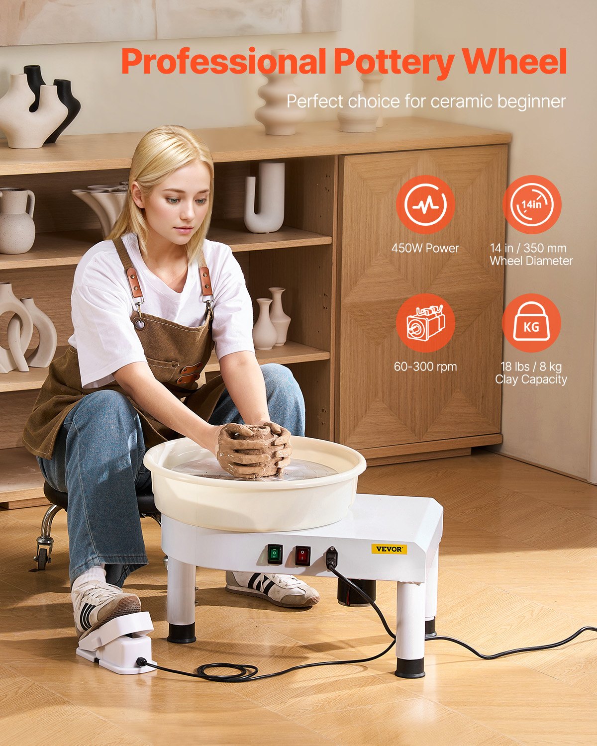 VEVOR Pottery Wheel, 35 cm Ceramic Wheel Forming Machine, 60-300 RPM Speed Adjustable Foot Pedal, Adjustable Lift Leg, Detachable Basin, Complete Tool Accessory Kit for Work Art Craft DIY, White