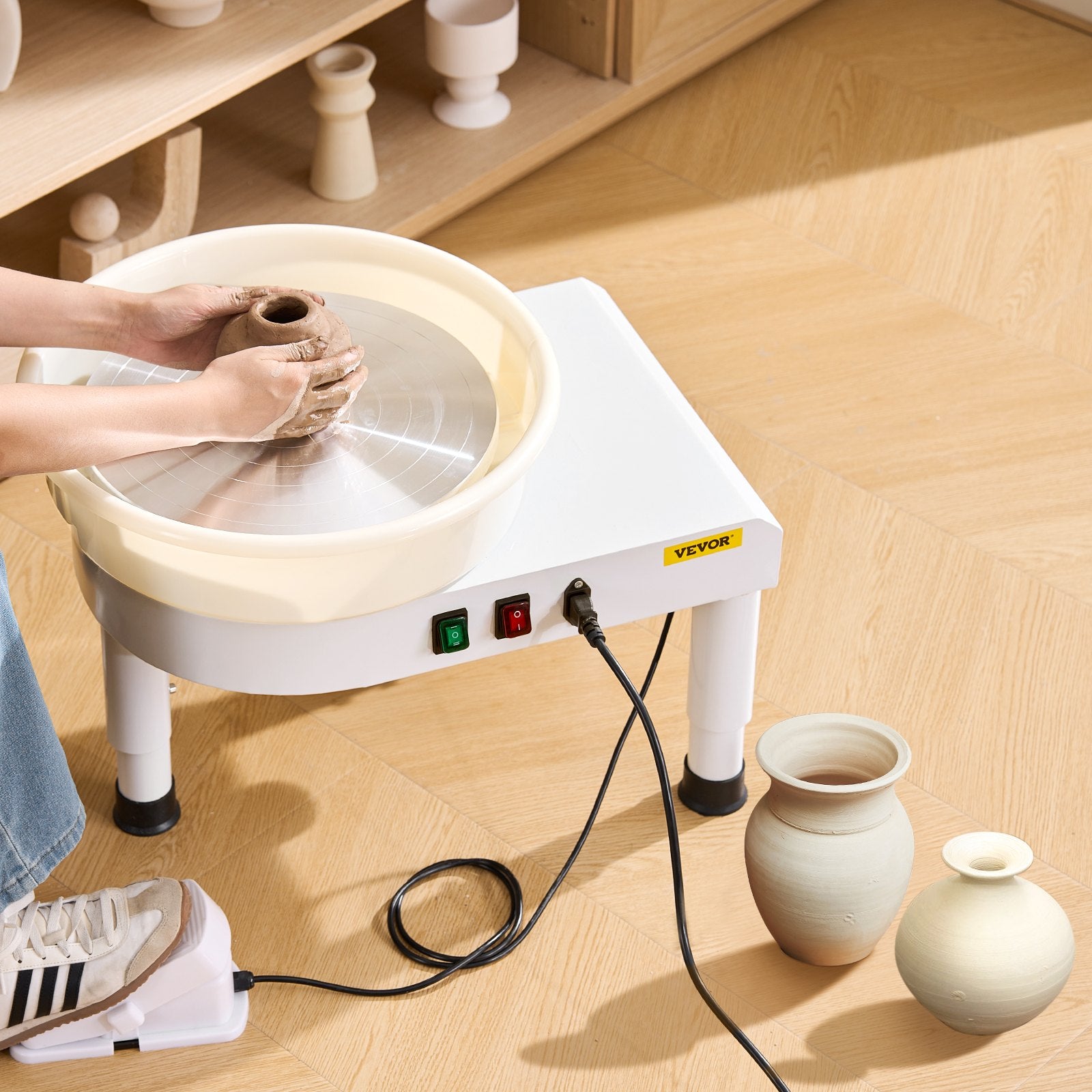 VEVOR Pottery Wheel, 35 cm Ceramic Wheel Forming Machine, 60-300 RPM Speed Adjustable Foot Pedal, Adjustable Lift Leg, Detachable Basin, Complete Tool Accessory Kit for Work Art Craft DIY, White