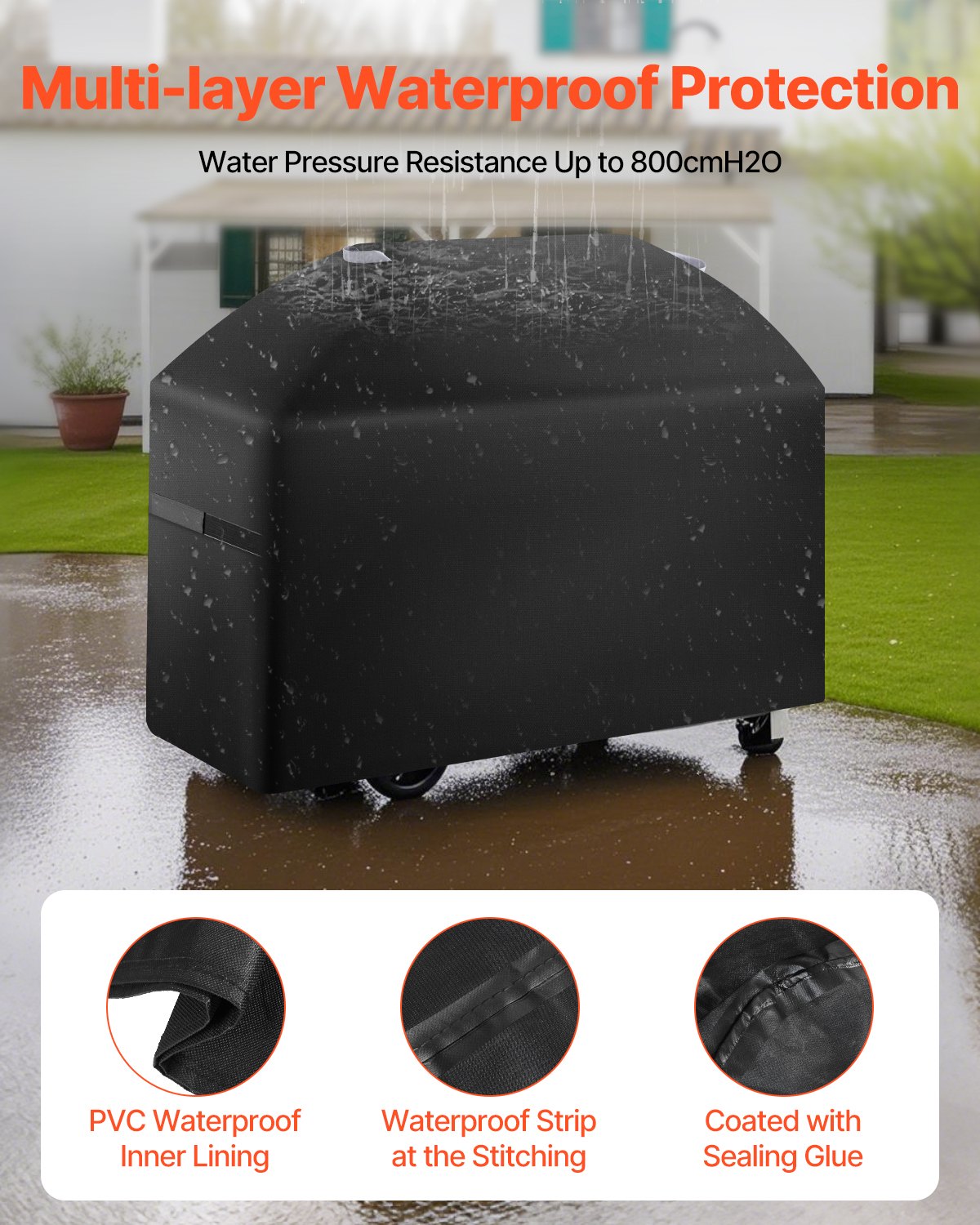 VEVOR Grill Cover, 63 inch BBQ Covers for Outdoor Grills, Waterproof, Fade Resistant, Weather Resistant Heavy Duty 600D Polyester, Easy On/Off, with Hook-and-Loop Straps, Black