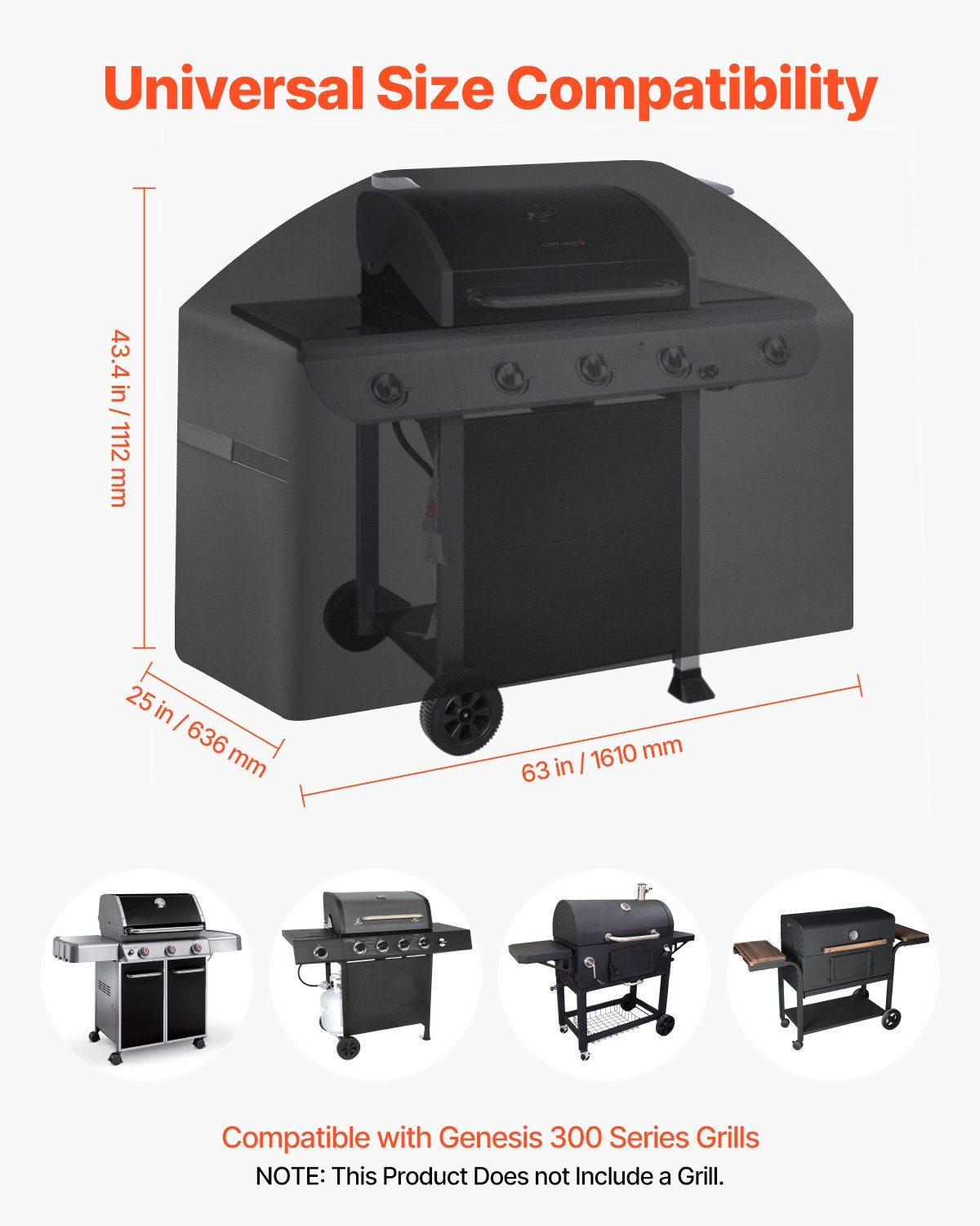 VEVOR Grill Cover, 63 inch BBQ Covers for Outdoor Grills, Waterproof, Fade Resistant, Weather Resistant Heavy Duty 600D Polyester, Easy On/Off, with Hook-and-Loop Straps, Black