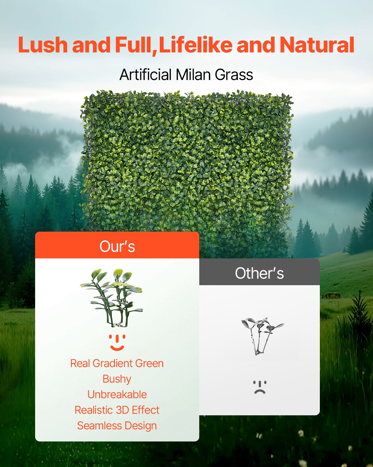 VEVOR Artificial Grass Wall Panels, 40 x 120 inch, Milan Grass Greenery Boxwood Panel for Indoor Outdoor Green Decor & Ivy Fence Covering, Privacy Backdrop Wall Hedge Screen for Garden