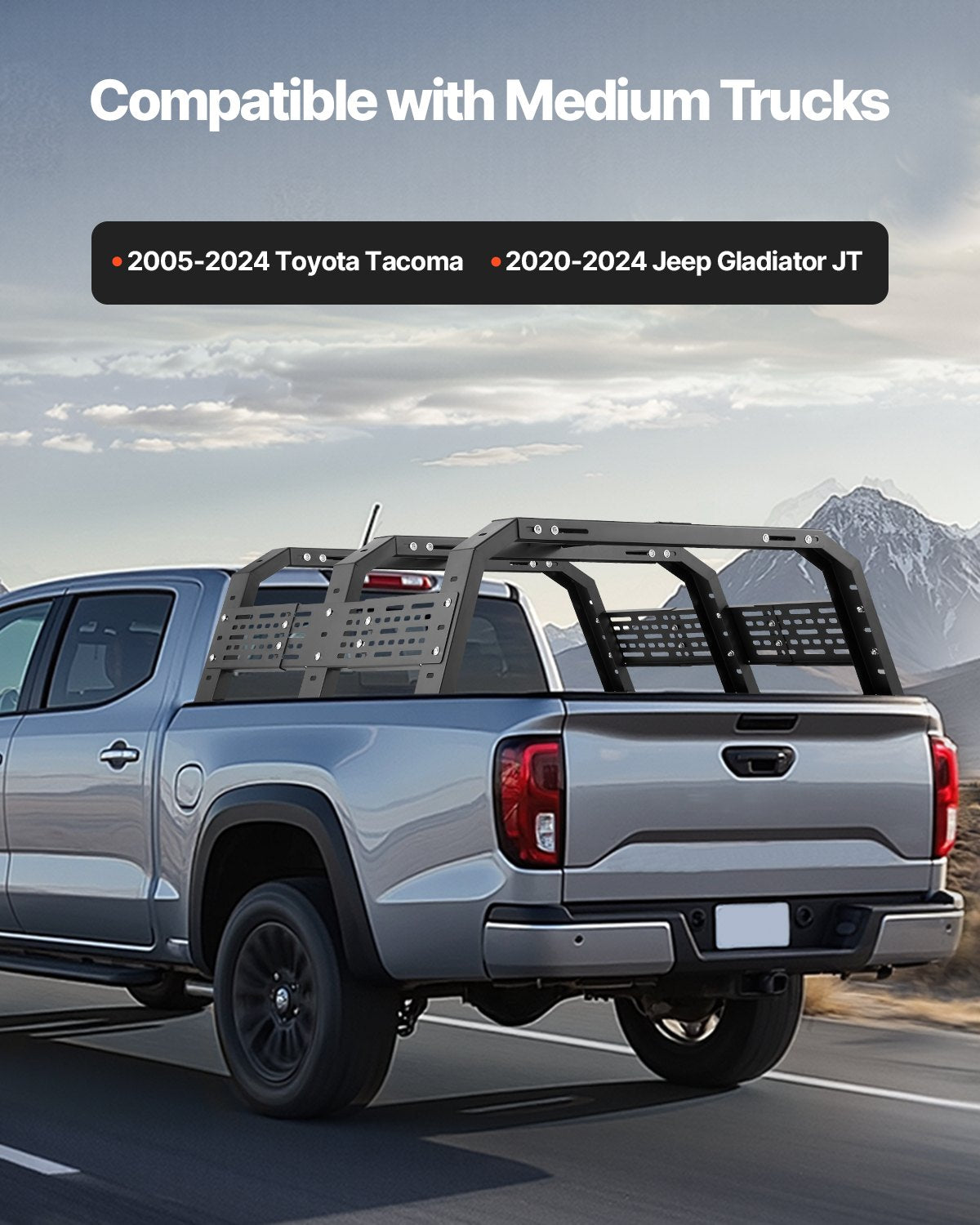VEVOR Overland Truck Bed Rack, 125-172.5 cm Width, Adjustable Overland Bed Cargo Rack with Sidebar, 408.2 kg Static Load Capacity, Heavy Duty Steel, for Mid-Size Trucks, Fit Tacoma / Gladiator JT