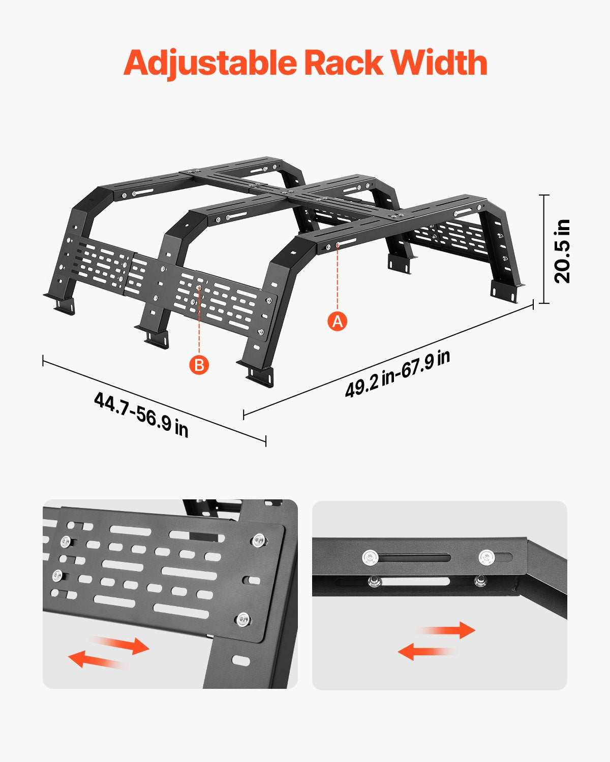 VEVOR Overland Truck Bed Rack, 125-172.5 cm Width, Adjustable Overland Bed Cargo Rack with Sidebar, 408.2 kg Static Load Capacity, Heavy Duty Steel, for Mid-Size Trucks, Fit Tacoma / Gladiator JT