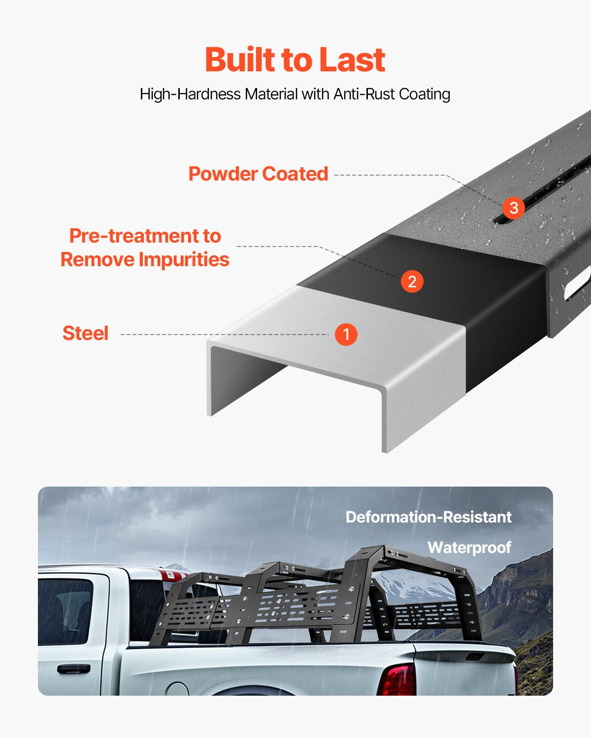 VEVOR Overland Truck Bed Rack, 125-172.5 cm Width, Adjustable Overland Bed Cargo Rack with Sidebar, 408.2 kg Static Load Capacity, Heavy Duty Steel, for Mid-Size Trucks, Fit Tacoma / Gladiator JT