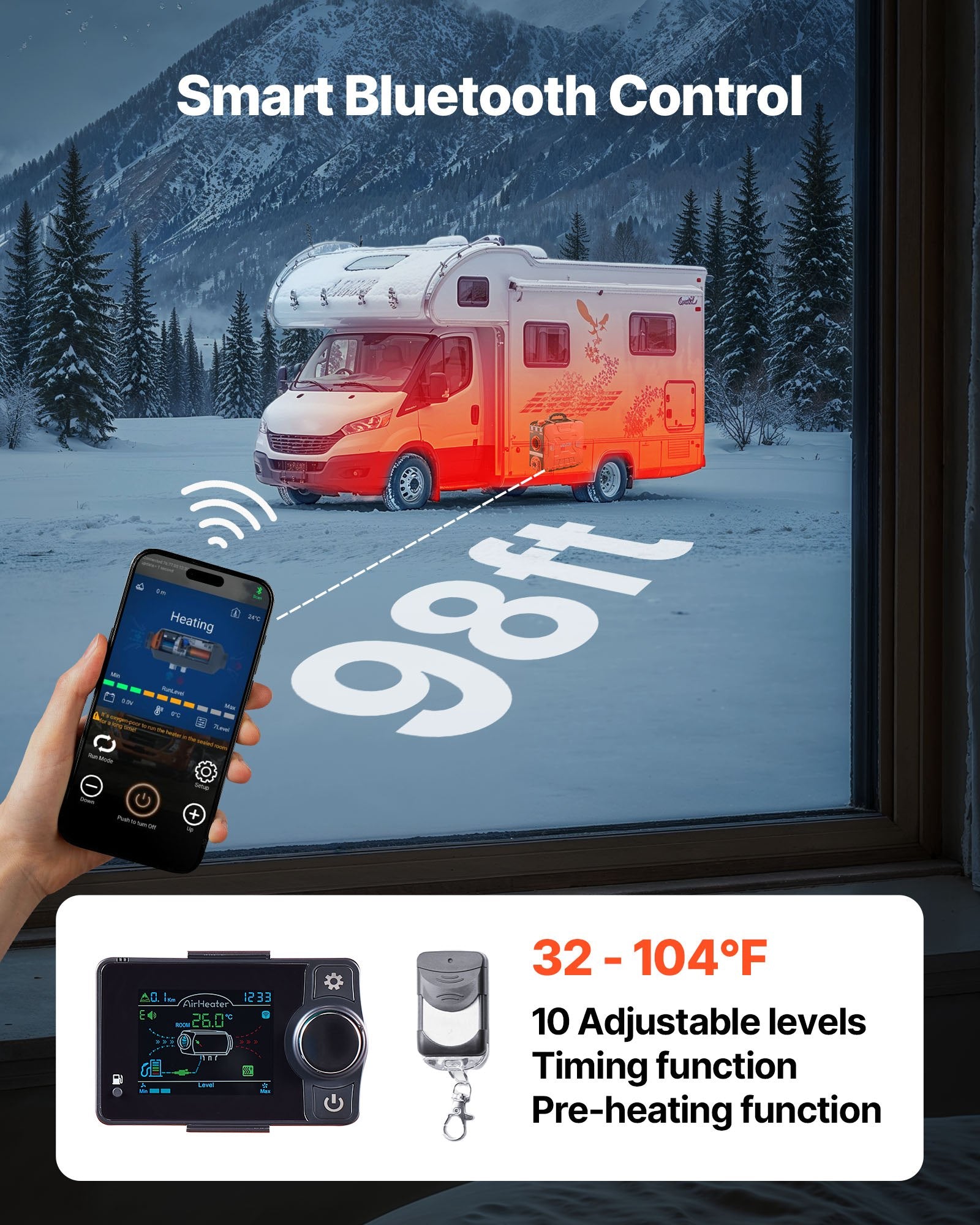 VEVOR Diesel Heater, 8KW, DC 12V, All in One Portable Diesel Air Heater with Bluetooth APP Control, Remote Control and LCD Screen, 4.5 L Fuel Tank for Vehicles, Vans, RVs, Campers, and Garages