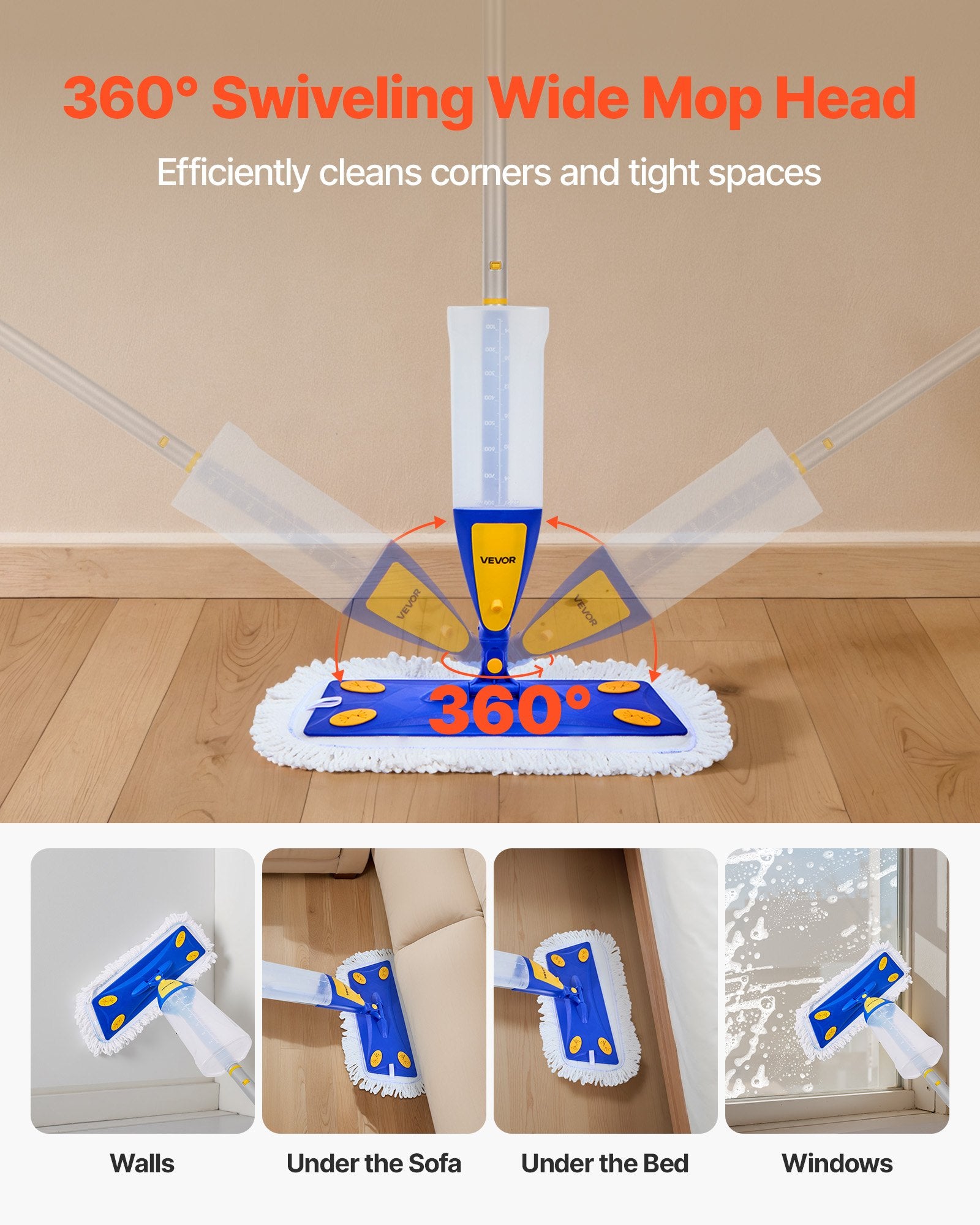 VEVOR Spray Mop, with 3 Washable Pads for Dry and Wet Floor Cleaning & an 800ml Refillable Water Tank, Microfiber Dust Wet Mop & Twisted Cotton Dry Mop, Commercial Home Use for Tiles/Vinyl/Wood Floor
