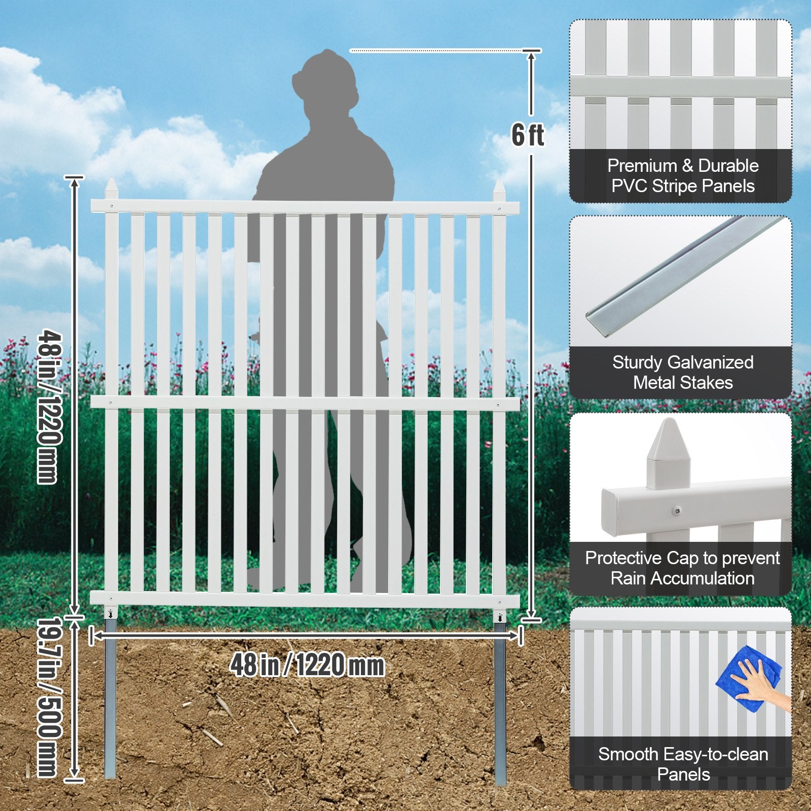 VEVOR 1.22m W x 1.22m H Vinyl Privacy Fence Panels, Air Conditioner Fence, Outdoor Privacy Screens for Trash Can, Pool Equipment Enclosure, Privacy Screen Kit Strip Panels 2 Panels