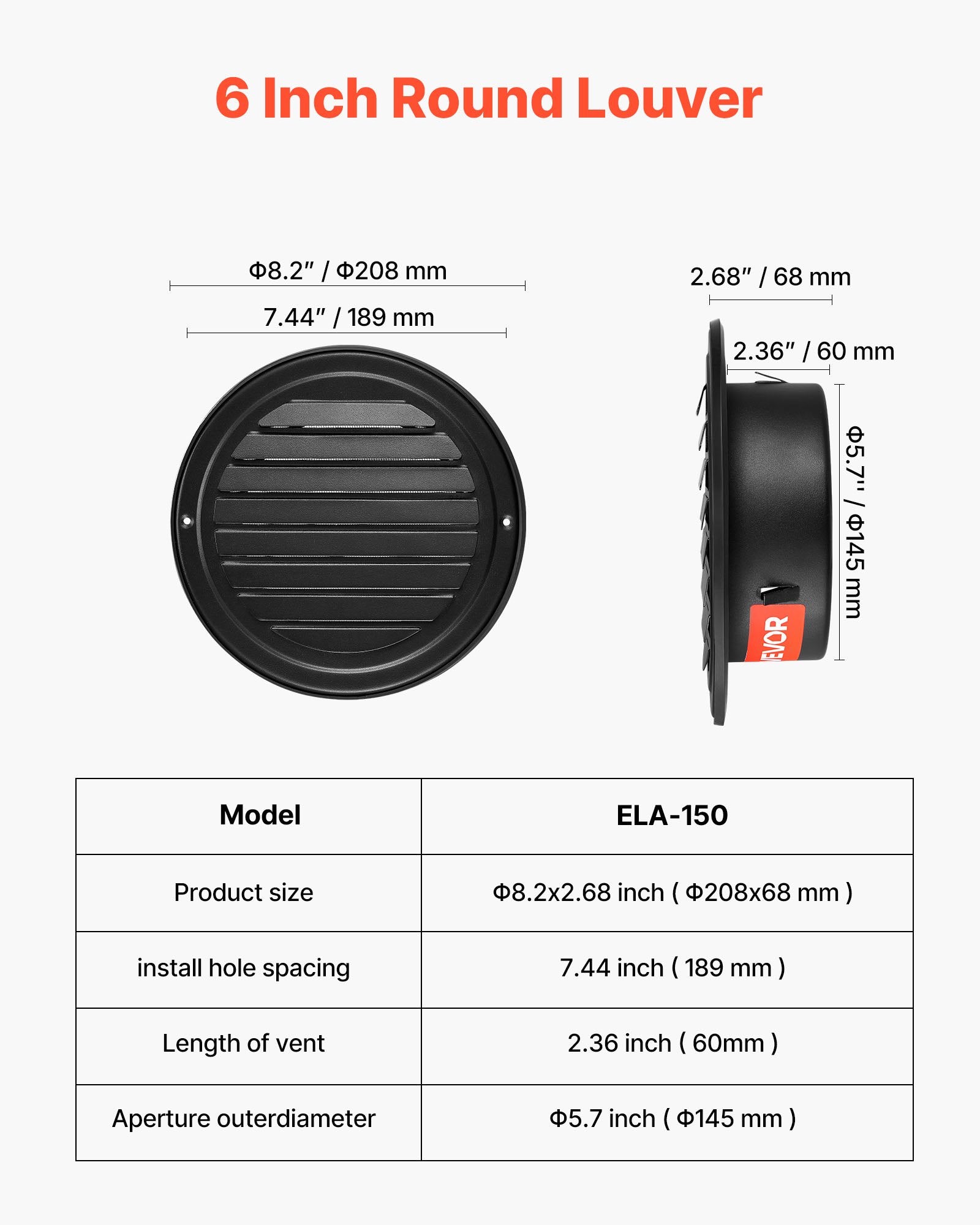 VEVOR 145 mm Wall Vent Cover, Louvered Round AC Vent Gable Cover, Premium Stainless Steel & with Built-in a Protection Screen, for House,Bathroom,Garage,Kitchen,Basement 2 Pack, Black