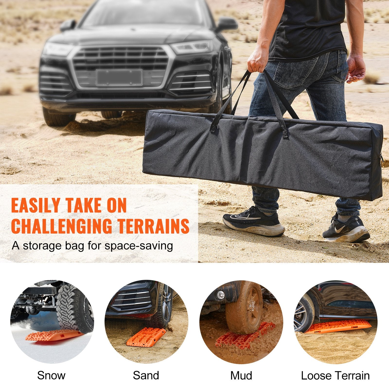 VEVOR 10 TON Traction Boards with PP Material, Recovery Boards for Off-road Vehicles/Cars/Pickups/SUVs/RVs, Pair Tire Traction Mats on Snow, Sand, Mud and Loose Terrain, Storage Bag, Long, Orange
