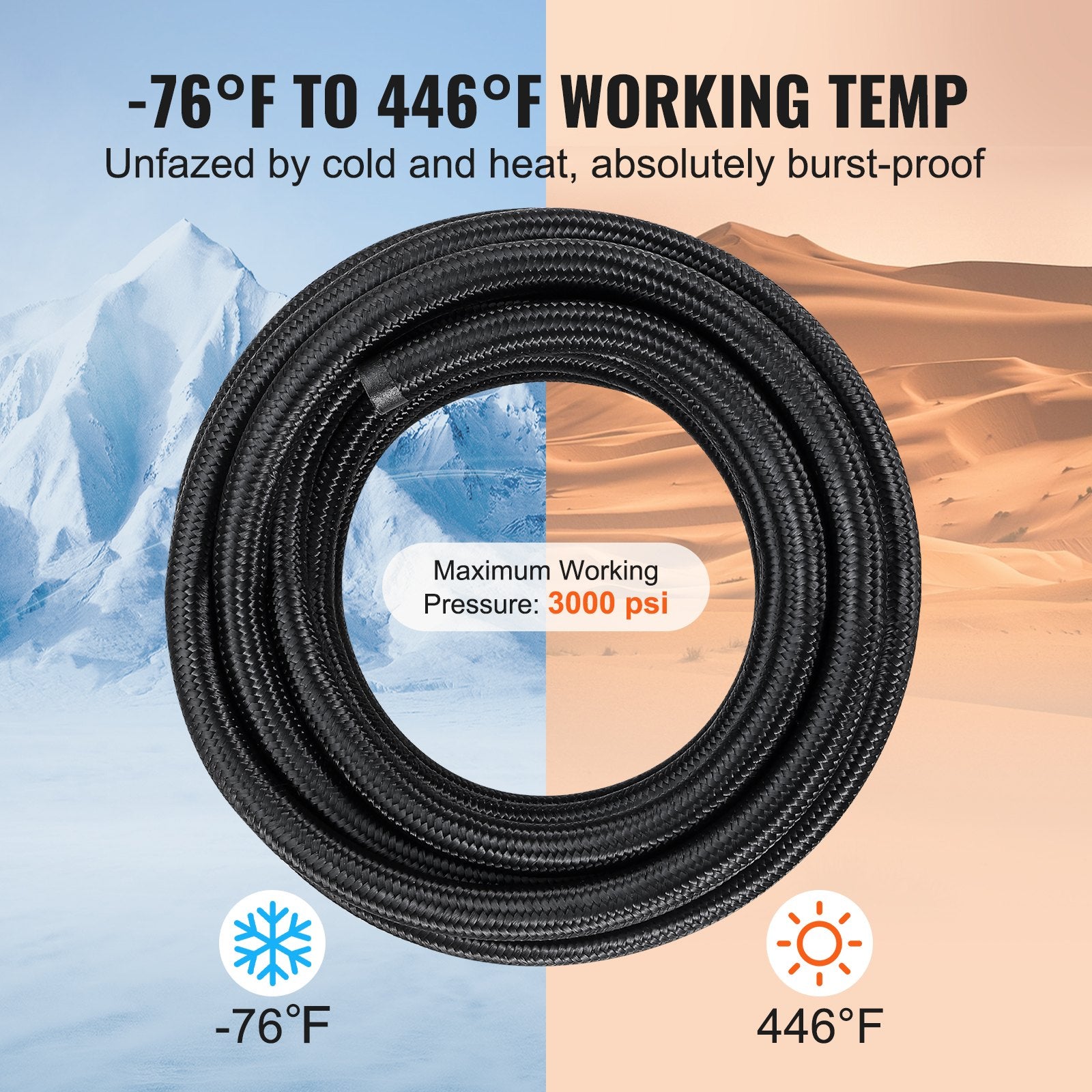 VEVOR 6AN Fuel Line Kit, 7.62 m Fuel Hose Kit, Nylon Stainless Steel Braided PTFE Fuel Line Kit, E85/Oil/Gas/Diesel Hose End Fitting Kit, with 15 PCS Swivel Fitting Adapter Kit, Black