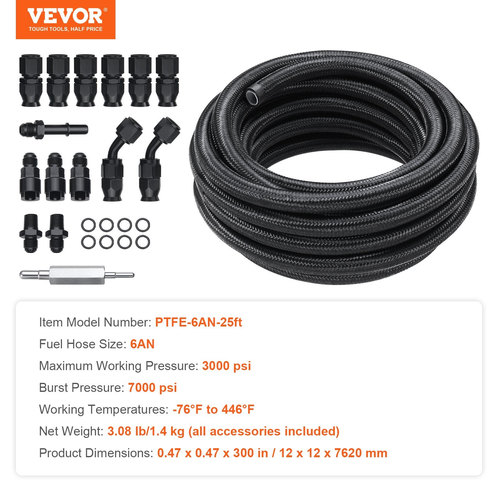 VEVOR 6AN Fuel Line Kit, 7.62 m Fuel Hose Kit, Nylon Stainless Steel Braided PTFE Fuel Line Kit, E85/Oil/Gas/Diesel Hose End Fitting Kit, with 15 PCS Swivel Fitting Adapter Kit, Black