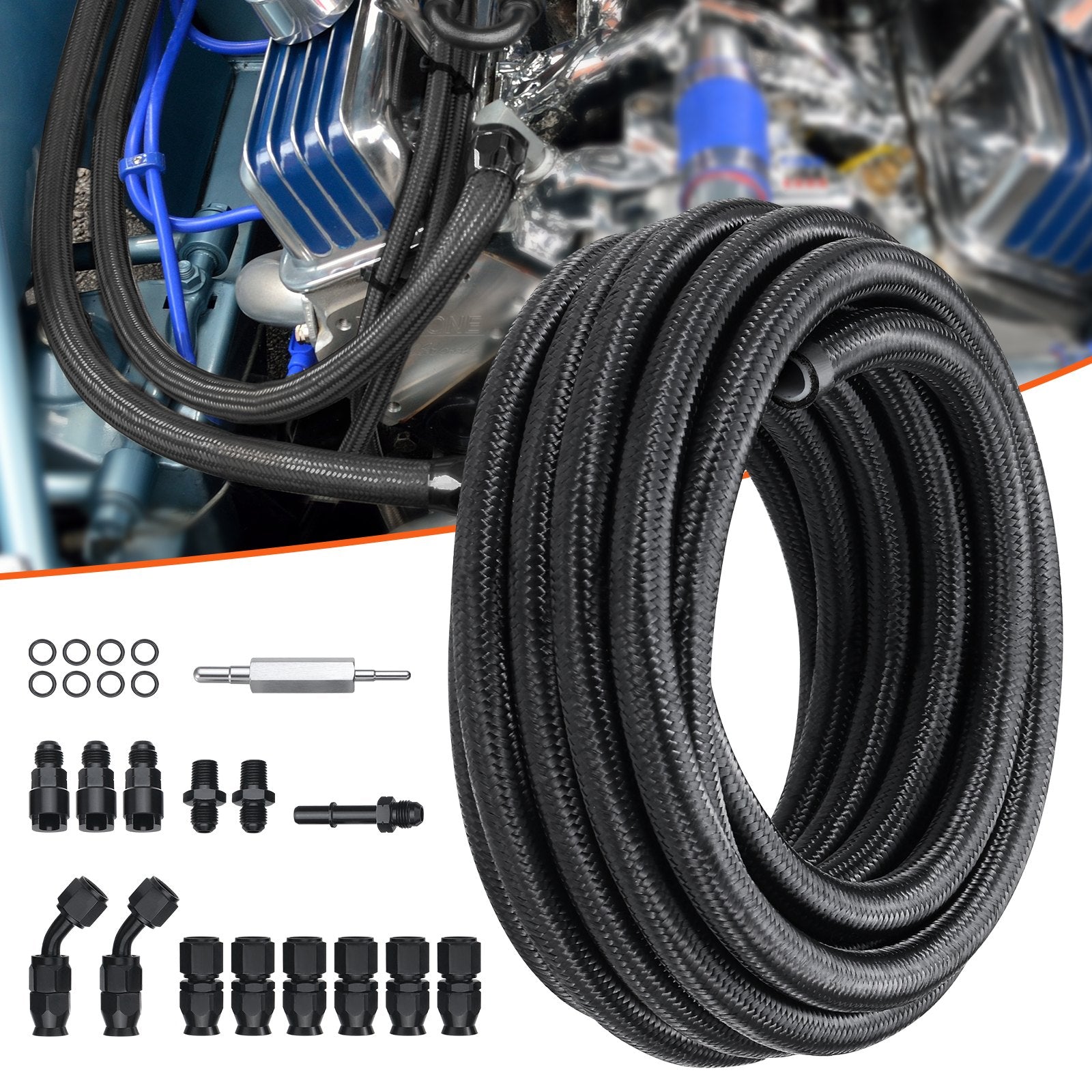 VEVOR 6AN Fuel Line Kit, 7.62 m Fuel Hose Kit, Nylon Stainless Steel Braided PTFE Fuel Line Kit, E85/Oil/Gas/Diesel Hose End Fitting Kit, with 15 PCS Swivel Fitting Adapter Kit, Black