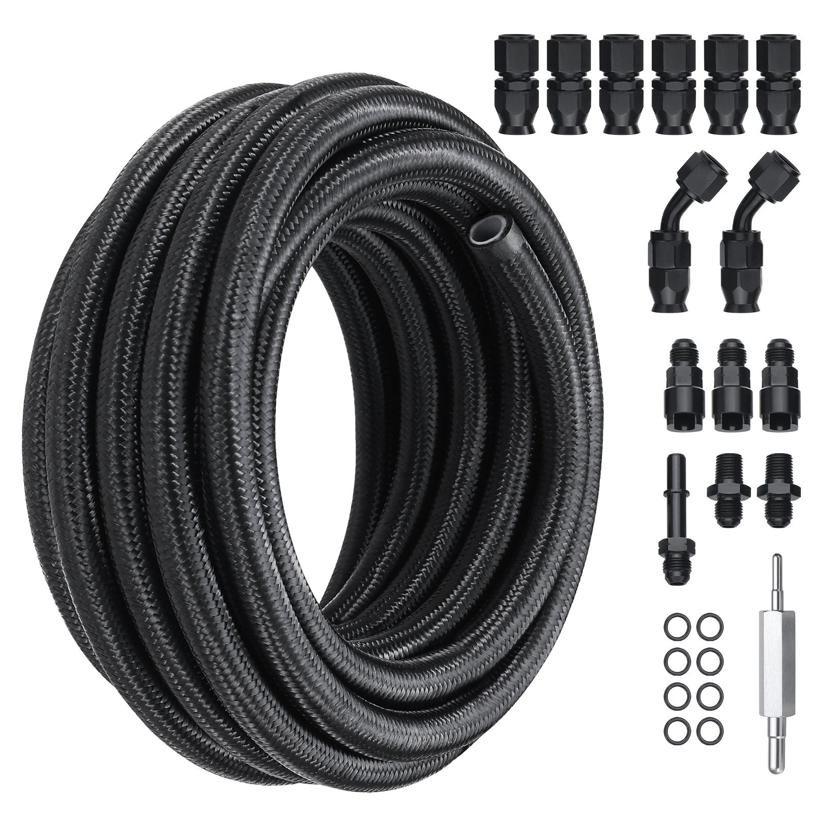 VEVOR 6AN Fuel Line Kit, 7.62 m Fuel Hose Kit, Nylon Stainless Steel Braided PTFE Fuel Line Kit, E85/Oil/Gas/Diesel Hose End Fitting Kit, with 15 PCS Swivel Fitting Adapter Kit, Black