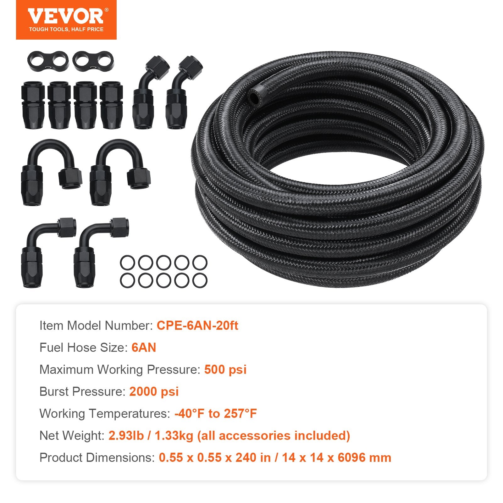 VEVOR 6AN Fuel Line Kit, 6.1 m Fuel Hose Kit, 0.86 cm Nylon Stainless Steel Braided Fuel Line Oil/Gas/Diesel Hose End Fitting Kit, with 12 PCS Swivel Fitting Adapter Kit, Black
