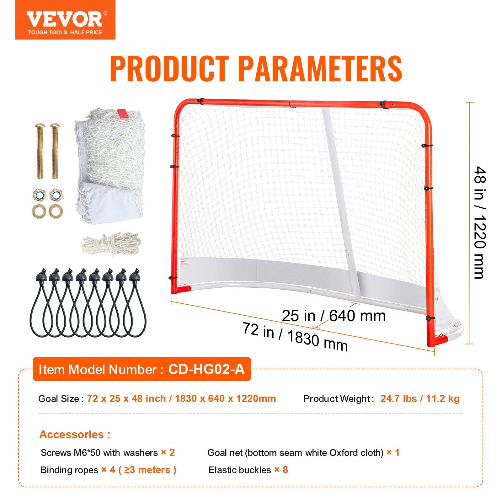 VEVOR Street Hockey Net, Indoor Outdoor Steel Hockey Goal, Official Regulation Pro Hockey Training Goal Set, Portable Hockey Goal with Net, Easy Assemble, 72" x 48", White/Red