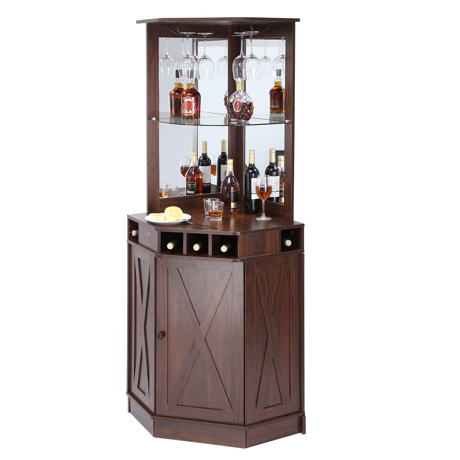 VEVOR Corner Industrial Bar Cabinet, Wine Table for Liquor & Glasses, Sideboard Buffet Cabinet with Glass Holder, Freestanding Farmhouse Wood Coffee Bar Cabinet for Living Room, Home Bar, Black Walnut