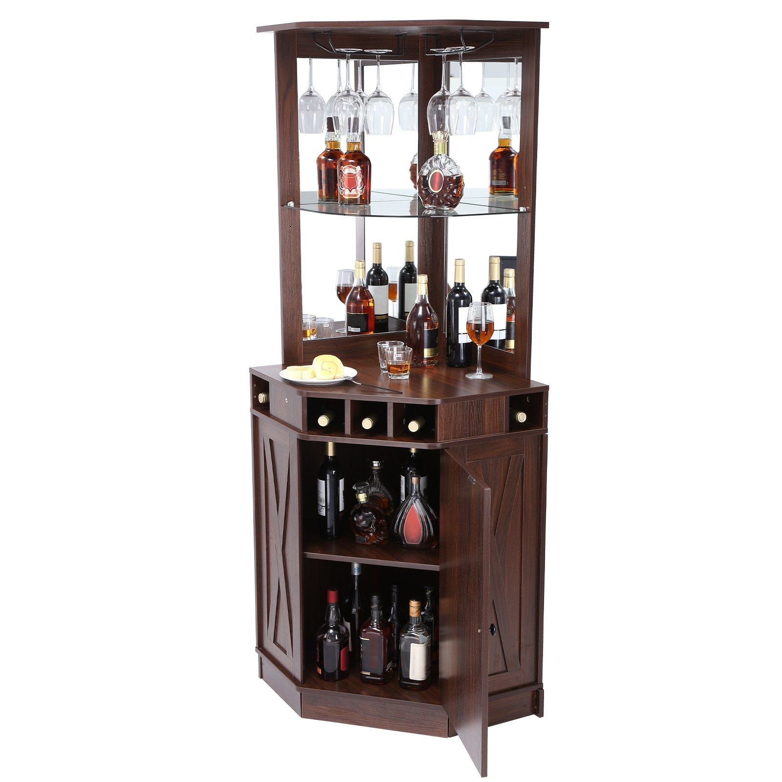 VEVOR Corner Industrial Bar Cabinet, Wine Table for Liquor & Glasses, Sideboard Buffet Cabinet with Glass Holder, Freestanding Farmhouse Wood Coffee Bar Cabinet for Living Room, Home Bar, Black Walnut