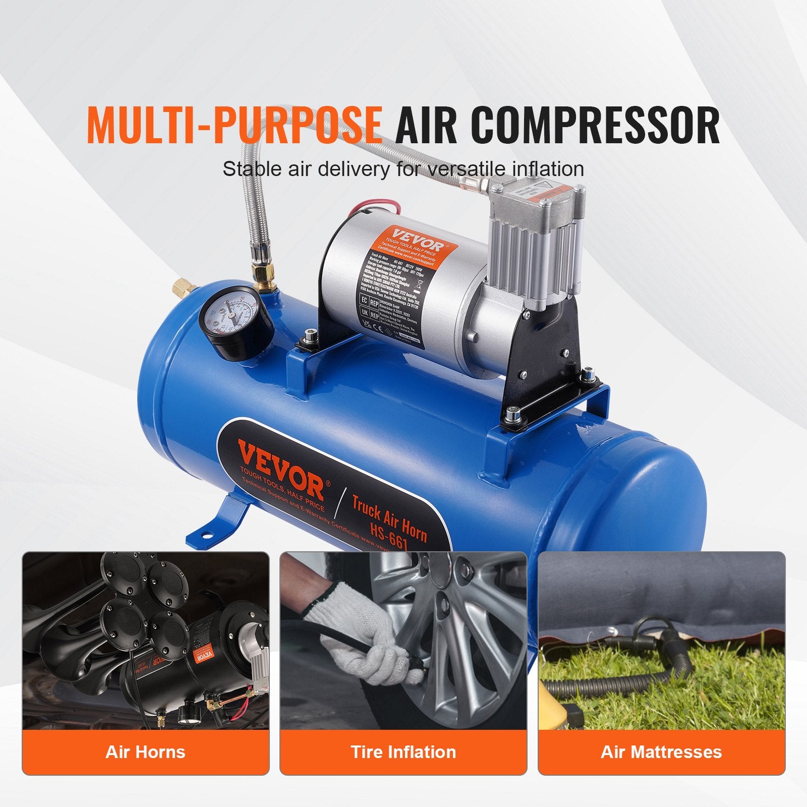 VEVOR 12V Air Compressor with Tank 1.6 Gallon/6 L, Train Horn Air Compressor, 120 psi Working Pressure Onboard Air Compressor System for Train Air Horns, Inflating Tires, Air Mattresses