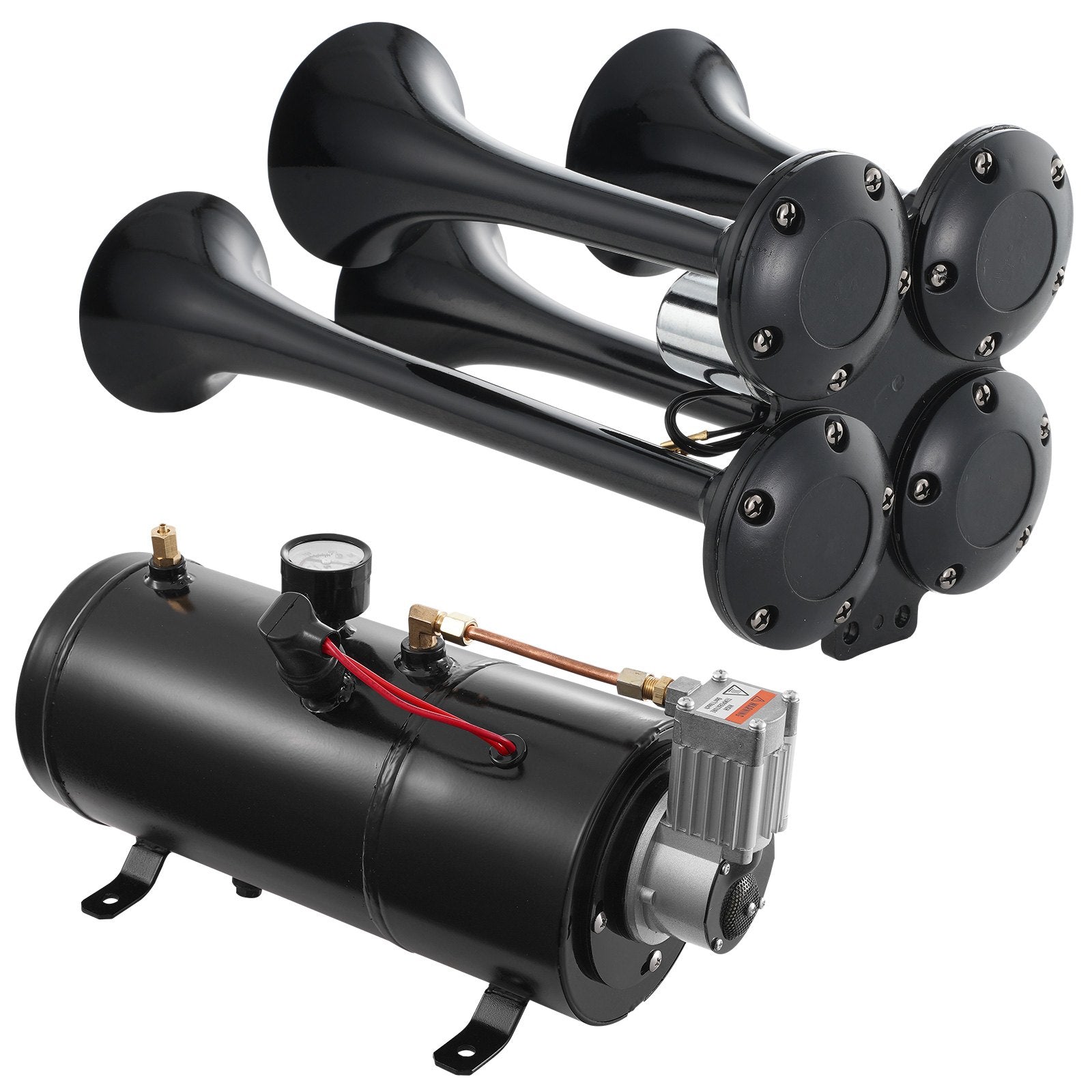 VEVOR Train Horns Kit, 4 Trumpet Air Horn Kit, 150dB Train Horns for Pickup Trucks, 12V 120 psi Air Compressor 0.8 Gal/3 L Tank with Gauge for Any 12V Vehicle Car Truck Train Van Boat