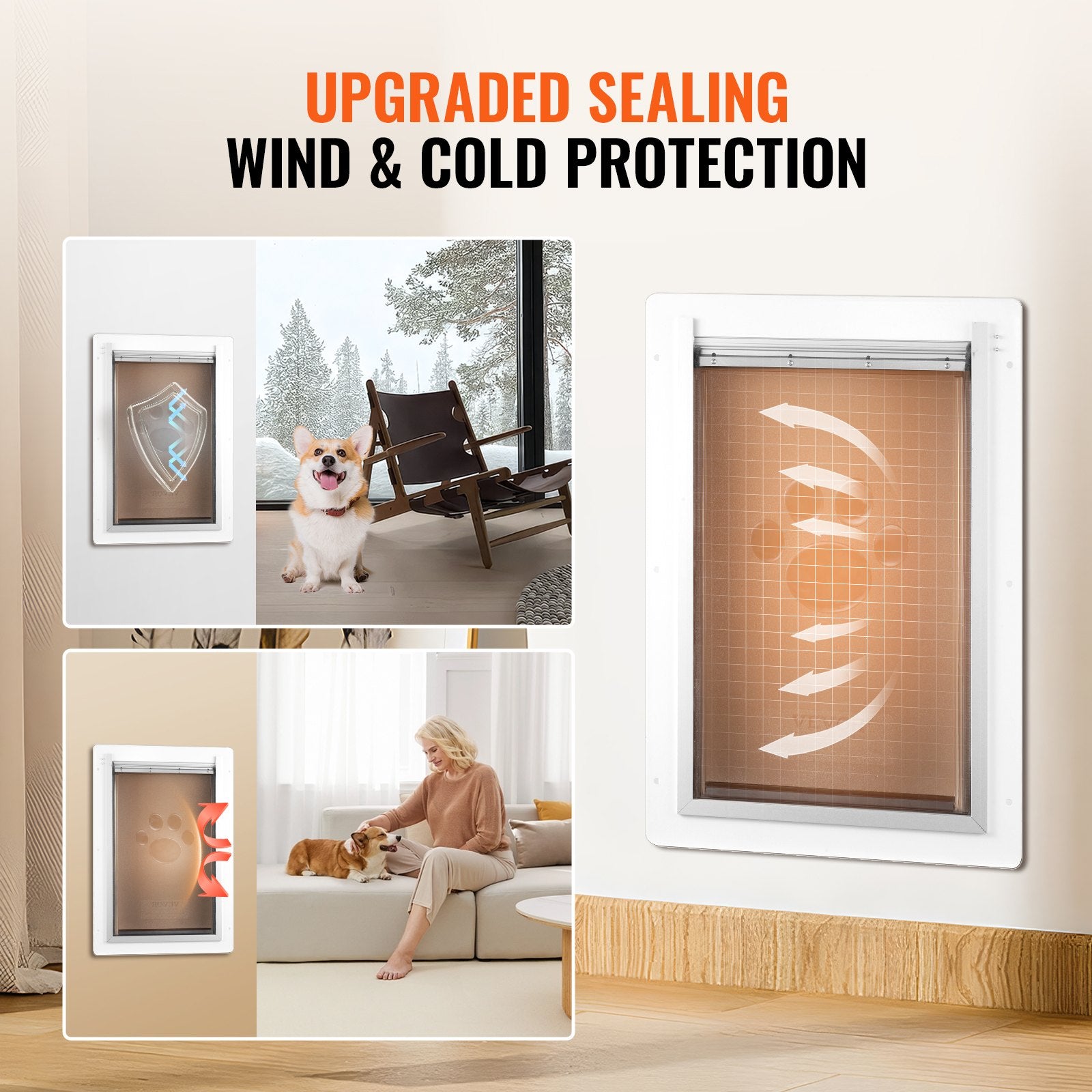 VEVOR Pet Door, 31.2 x 43.5 cm Metal Frame with Lock and 3-Flap System, Weatherproof Doggy Door, Easy to Install in Interior or Exterior Walls, Pet Door Suitable for Cat Doggie Kitties White-Medium