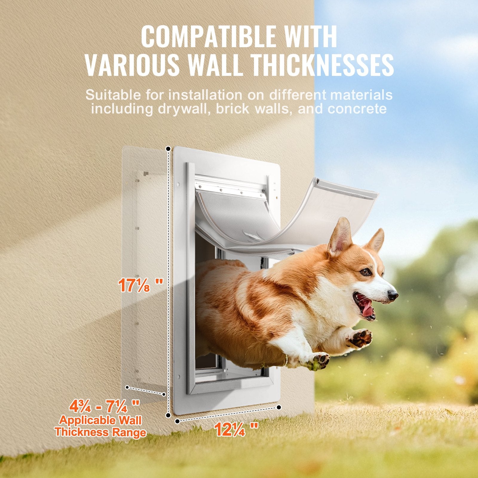 VEVOR Pet Door, 31.2 x 43.5 cm Metal Frame with Lock and 3-Flap System, Weatherproof Doggy Door, Easy to Install in Interior or Exterior Walls, Pet Door Suitable for Cat Doggie Kitties White-Medium