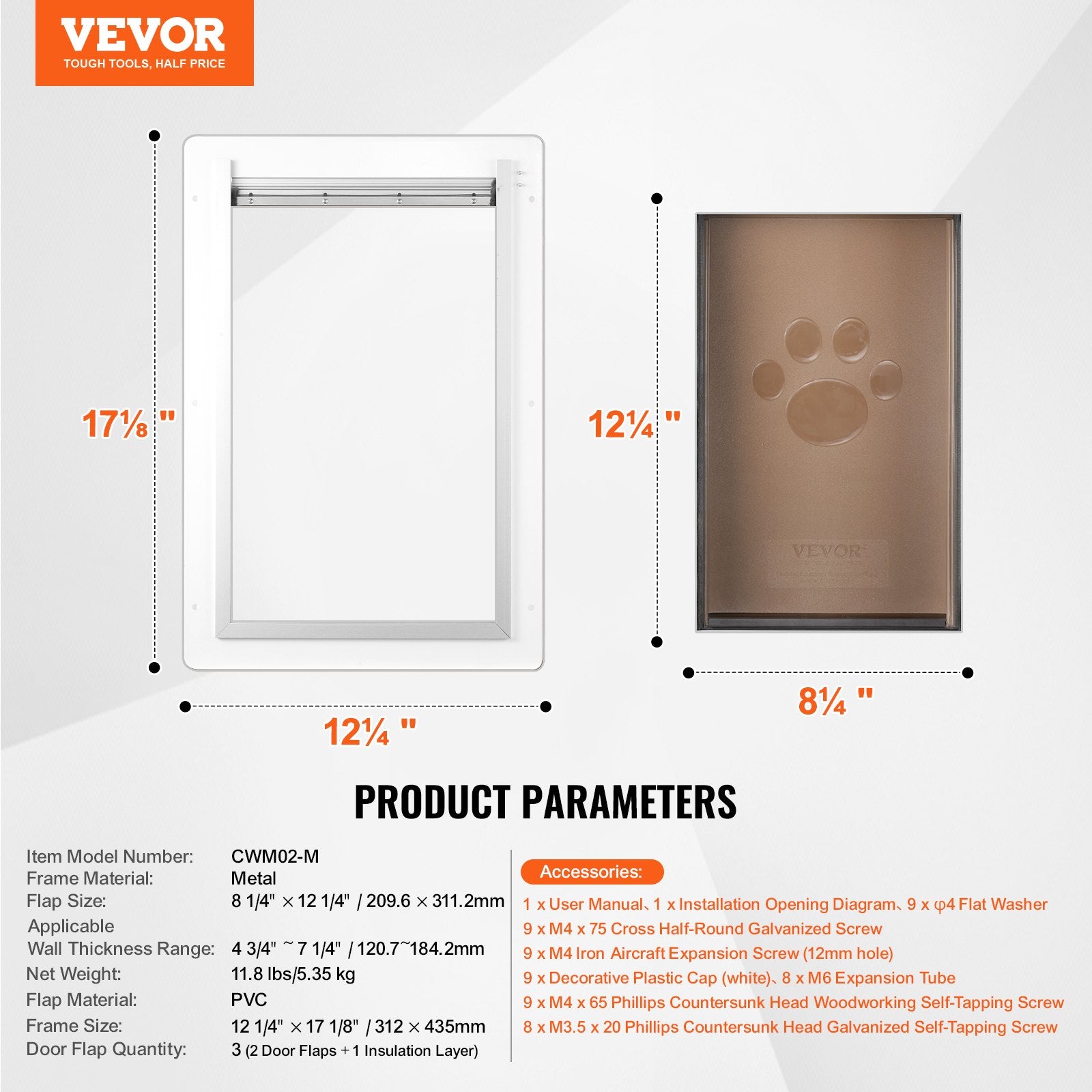 VEVOR Pet Door, 31.2 x 43.5 cm Metal Frame with Lock and 3-Flap System, Weatherproof Doggy Door, Easy to Install in Interior or Exterior Walls, Pet Door Suitable for Cat Doggie Kitties White-Medium