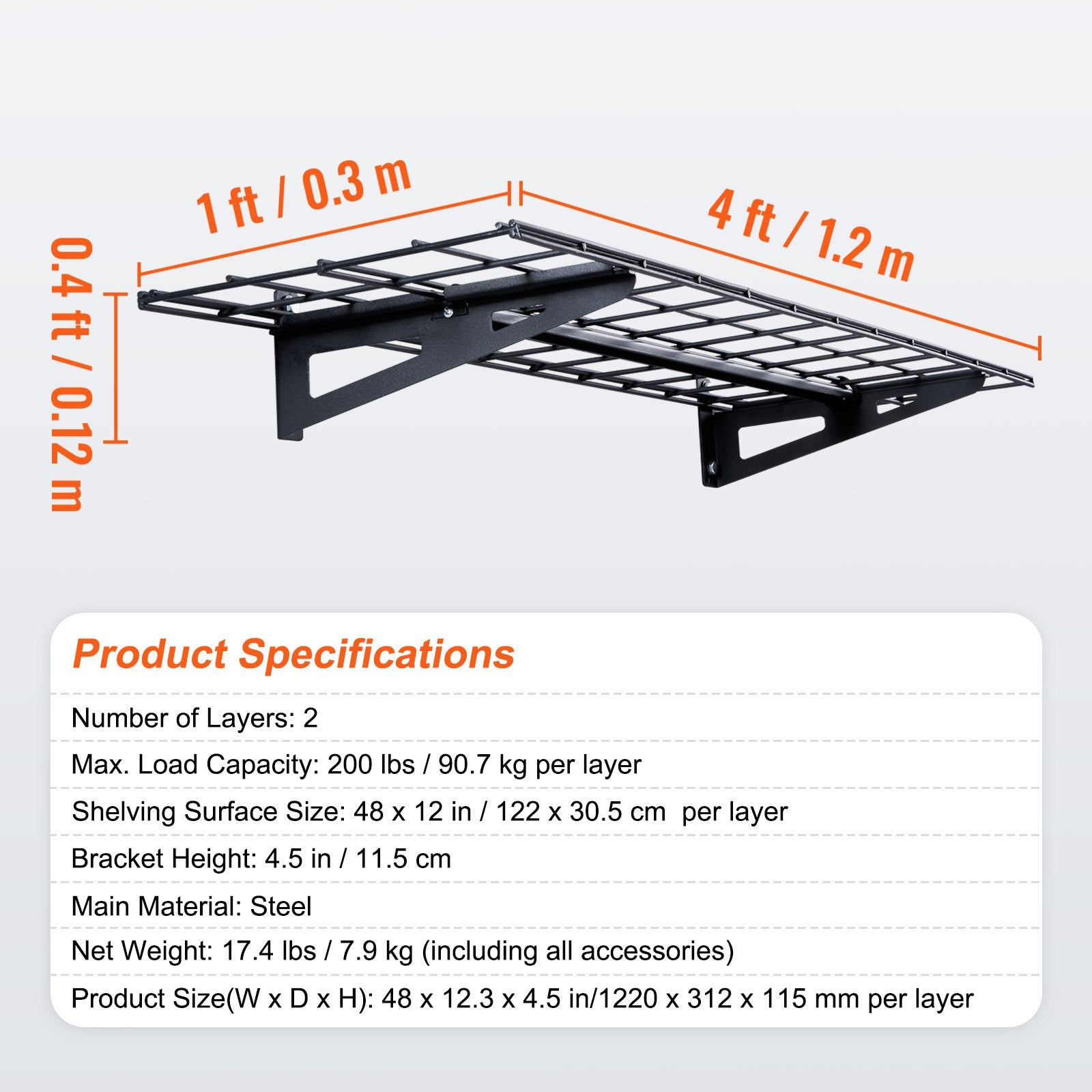 VEVOR Garage Storage Shelving, 2 Pack, 48 x 12 in Heavy Duty Garage Shelves Wall Mounted, 400 lbs Load Capacity Total Garage Storage Rack Floating Shelves, Suitable for Shop, Shed, Garage Storage