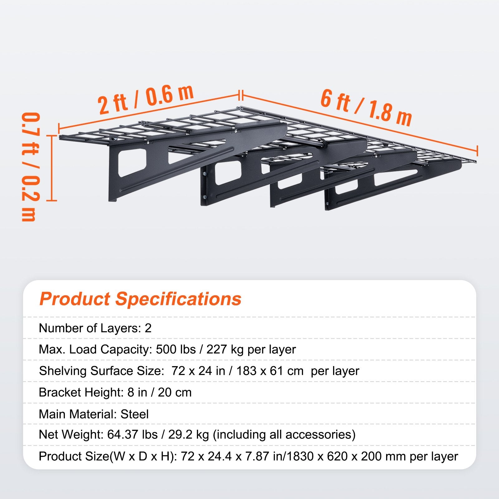 VEVOR Garage Storage Shelving, 2 Pack, 183 x 61 cm Heavy Duty Garage Shelves Wall Mounted, 454 kg Load Capacity Total Garage Storage Rack Floating Shelves, Suitable for Shop, Shed, Garage Storage