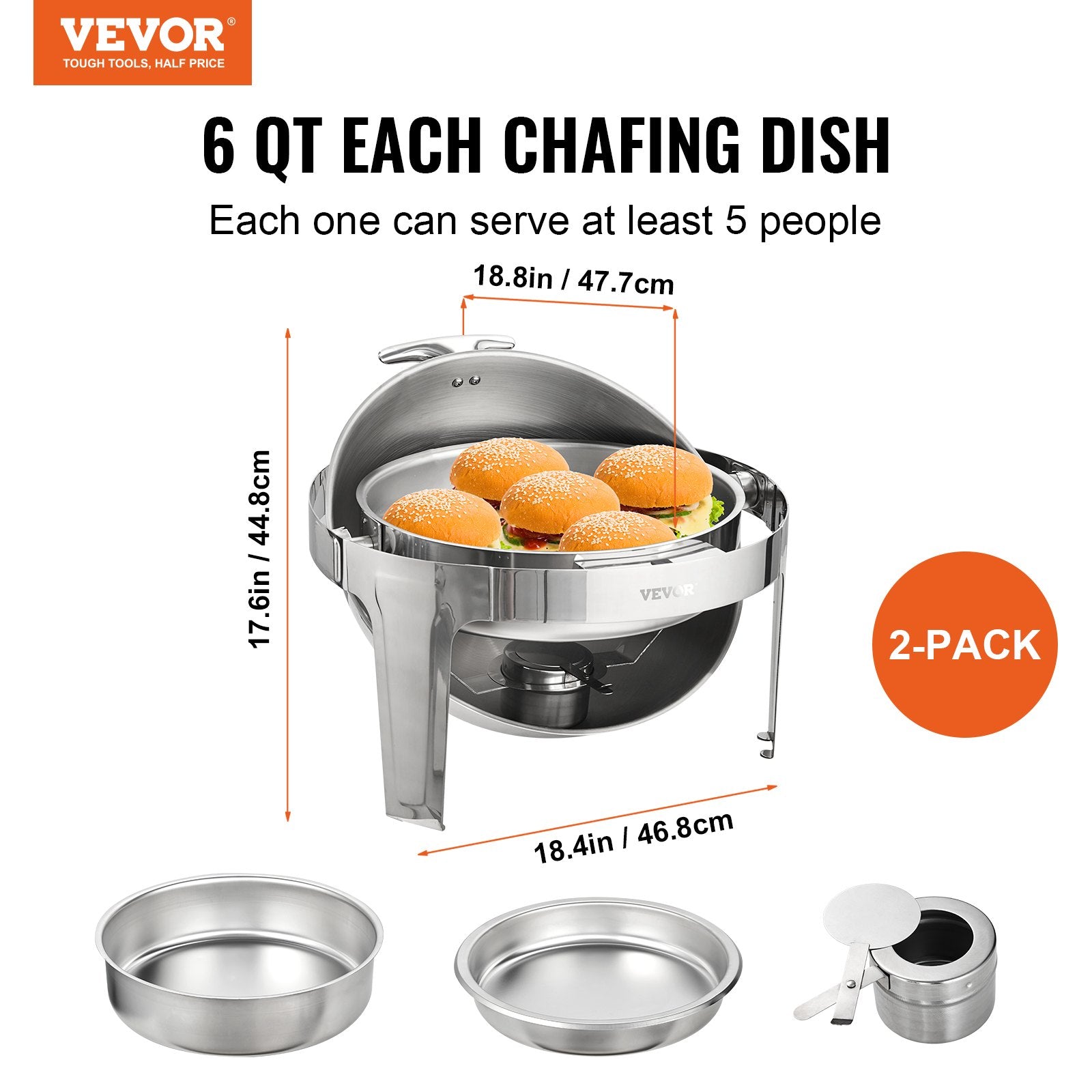 VEVOR Roll Top Chafing Dish Buffet Set, 5.5L 2 Pack, Stainless Steel Chafer with 2 Full Size Pans, Round Catering Warmer Server with Lid Water Pan Stand Fuel Holder, for at Least 5 People Each