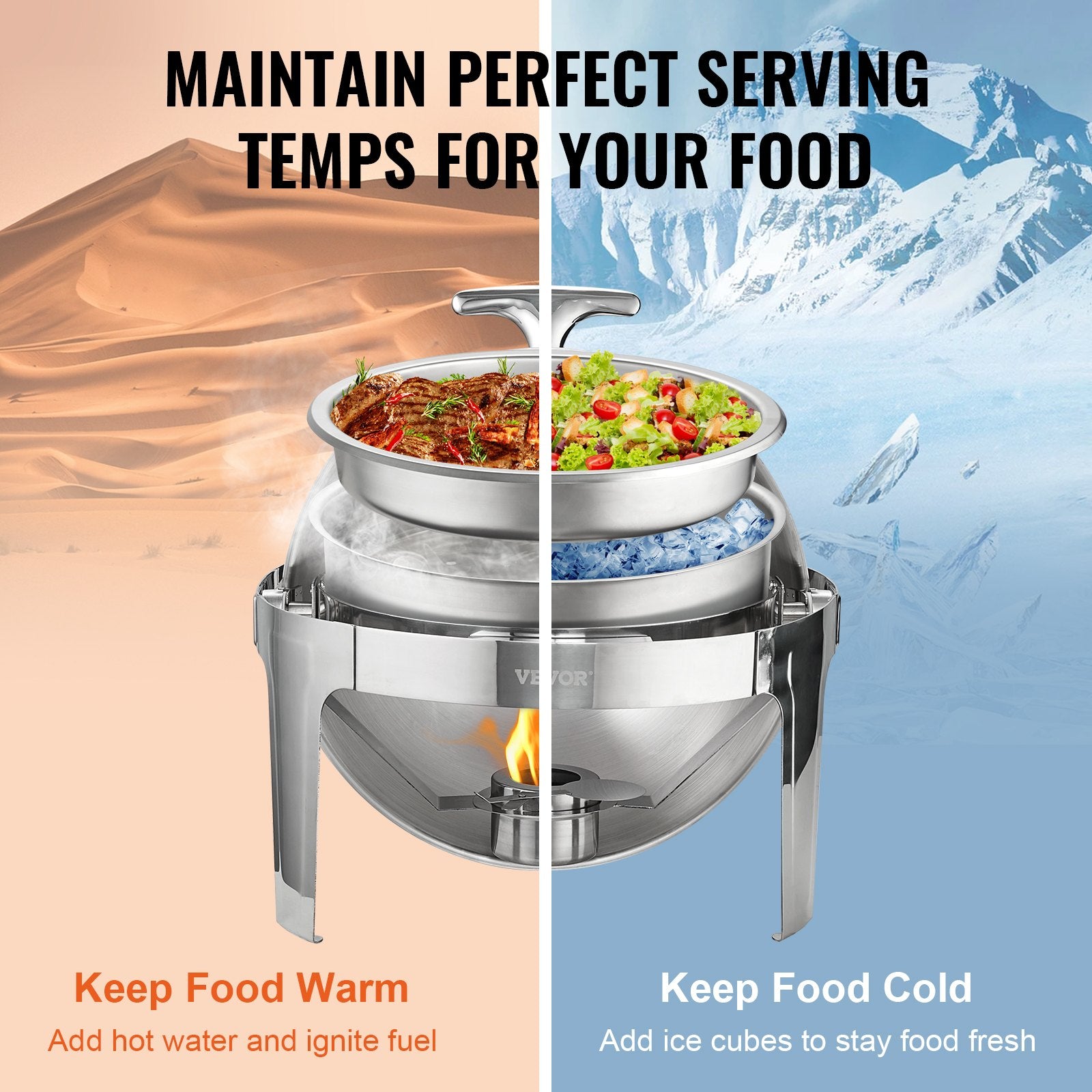VEVOR Roll Top Chafing Dish Buffet Set, 5.5L 2 Pack, Stainless Steel Chafer with 2 Full Size Pans, Round Catering Warmer Server with Lid Water Pan Stand Fuel Holder, for at Least 5 People Each