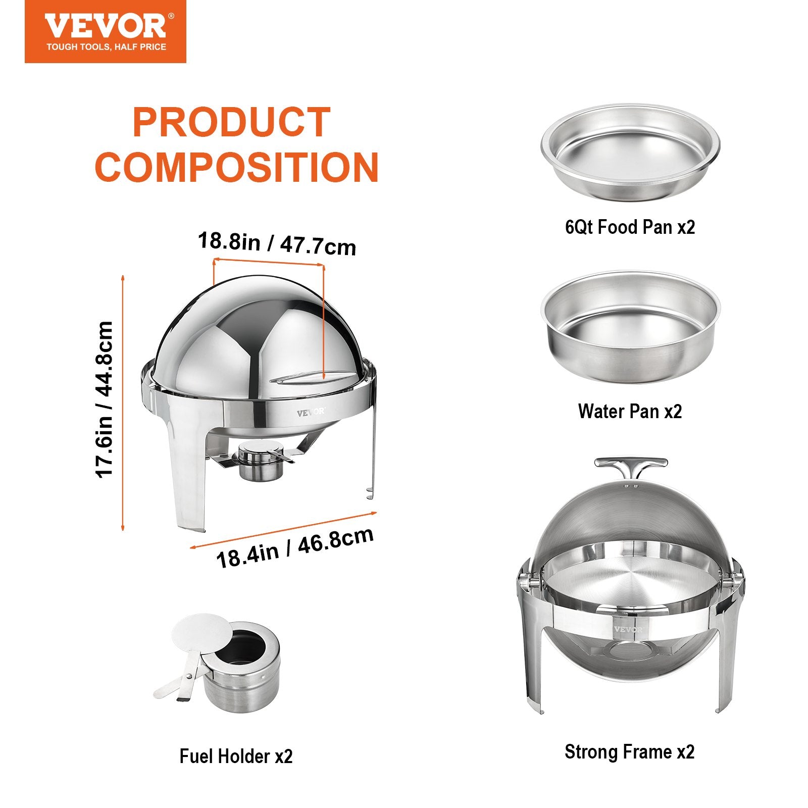 VEVOR Roll Top Chafing Dish Buffet Set, 5.5L 2 Pack, Stainless Steel Chafer with 2 Full Size Pans, Round Catering Warmer Server with Lid Water Pan Stand Fuel Holder, for at Least 5 People Each
