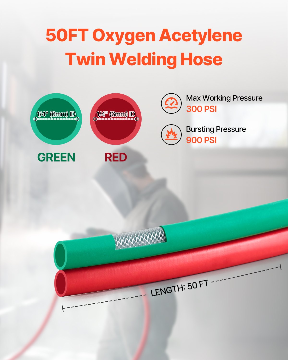 VEVOR Oxygen Acetylene Hose, 1/4-Inch x 50FT Oxy Acetylene Hose with 9/16"-18 LH/RH B Fittings, R Grade Welding Torch Twin Hose with 300PSI Maximum Working Pressure for Cutting Soldering Brazing