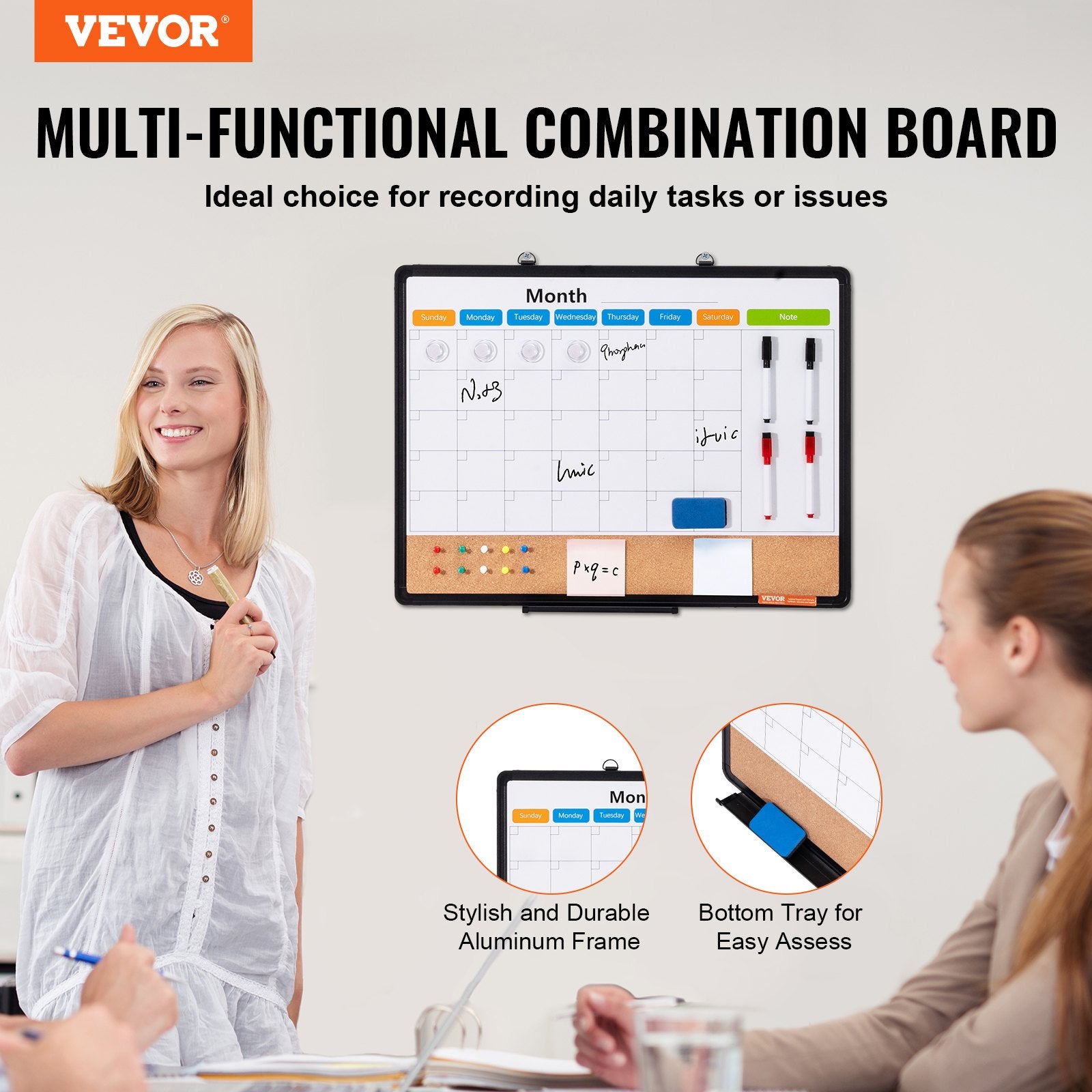 VEVOR 24"x 18" Monthly Calendar Whiteboard & Cork Board Combo with Aluminum Frame – 2-in-1 Magnetic Dry Erase Bulletin Board for Wall Mount – Ideal for School, Home, Office