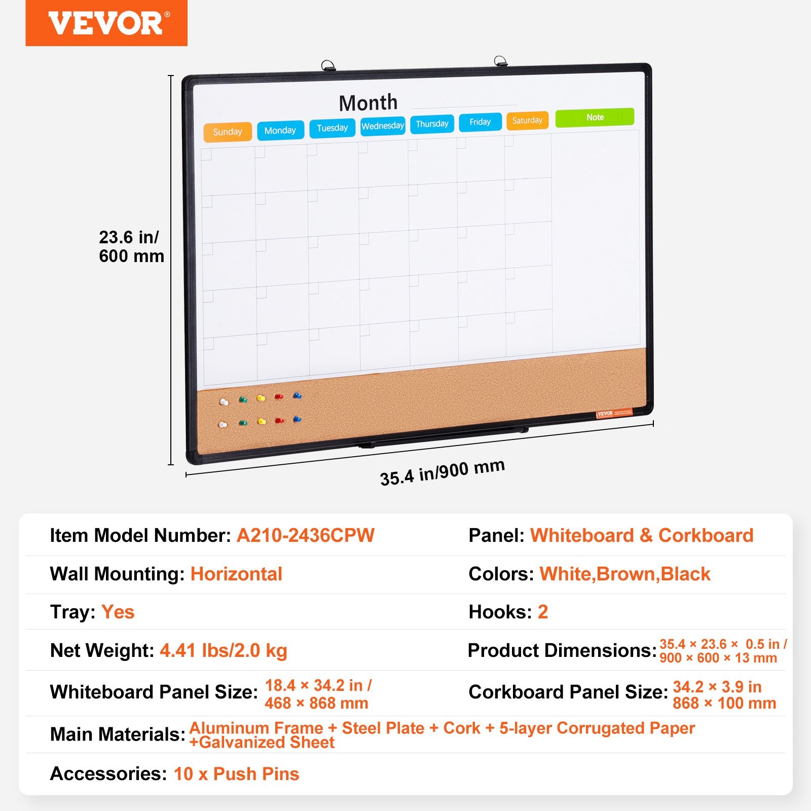 VEVOR 36"x 24" Monthly Calendar Whiteboard & Cork Board Combo with Aluminum Frame – 2-in-1 Magnetic Dry Erase Bulletin Board for Wall Mount – Ideal for School, Home, Office