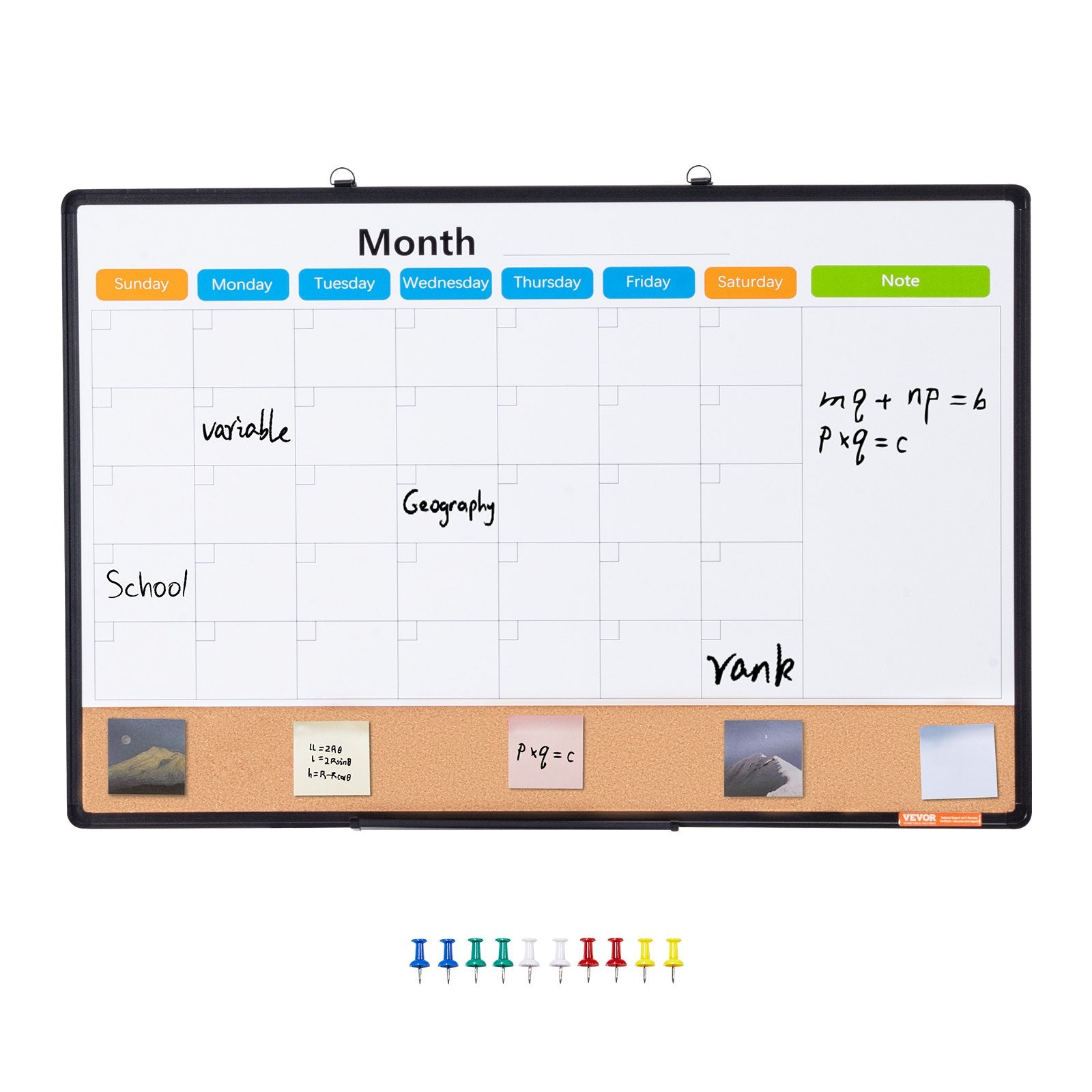VEVOR 36"x 24" Monthly Calendar Whiteboard & Cork Board Combo with Aluminum Frame – 2-in-1 Magnetic Dry Erase Bulletin Board for Wall Mount – Ideal for School, Home, Office