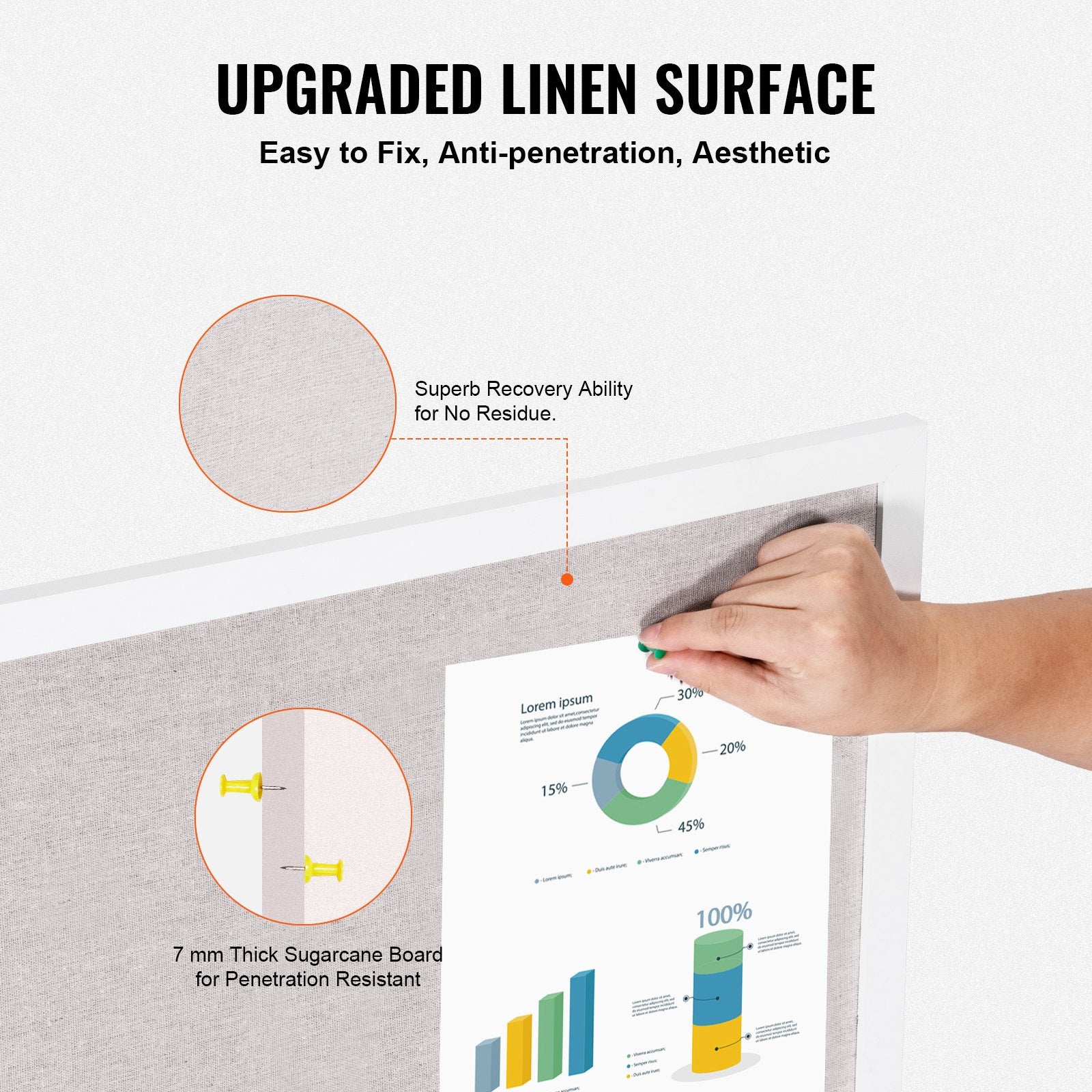 VEVOR 48"x36" White Cork Board with Linen Surface – Stylish Wall-Mounted Bulletin Board for Home, School, Office – Elegant & Functional Noticeboard