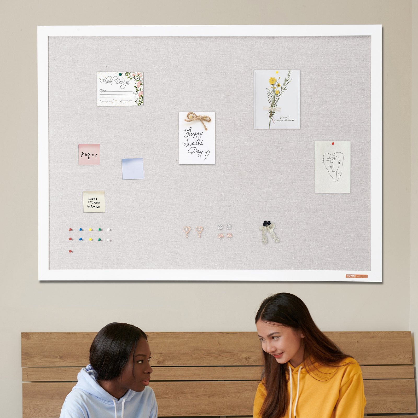 VEVOR 48"x36" White Cork Board with Linen Surface – Stylish Wall-Mounted Bulletin Board for Home, School, Office – Elegant & Functional Noticeboard