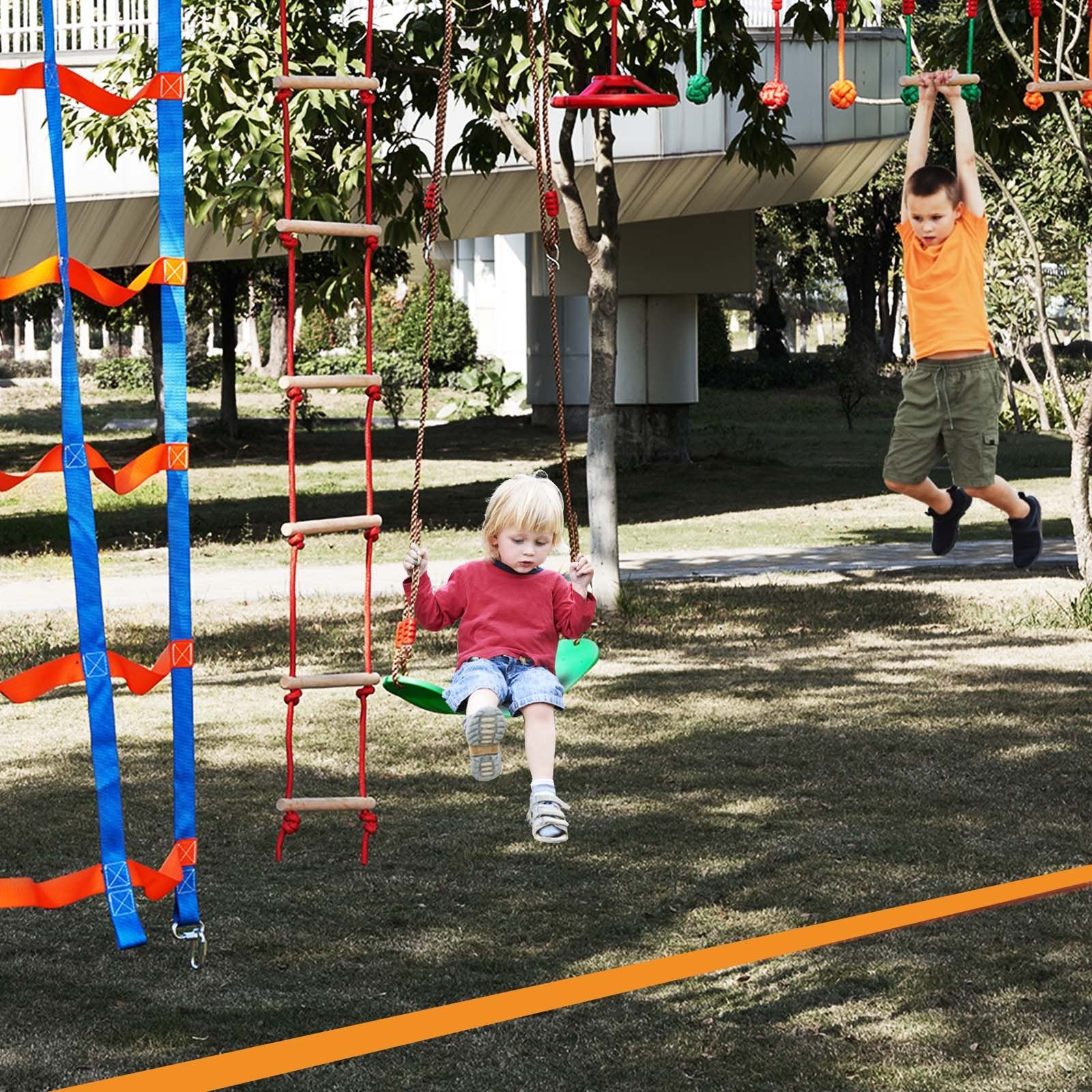 VEVOR Ninja Warrior Obstacle Course for Kids, 15.24 m Weatherproof Slacklines, 500lbs Weight Capacity Monkey Line, Outdoor Playset Equipment, Backyard Toys Training Equipment Set with 10 Obstacles