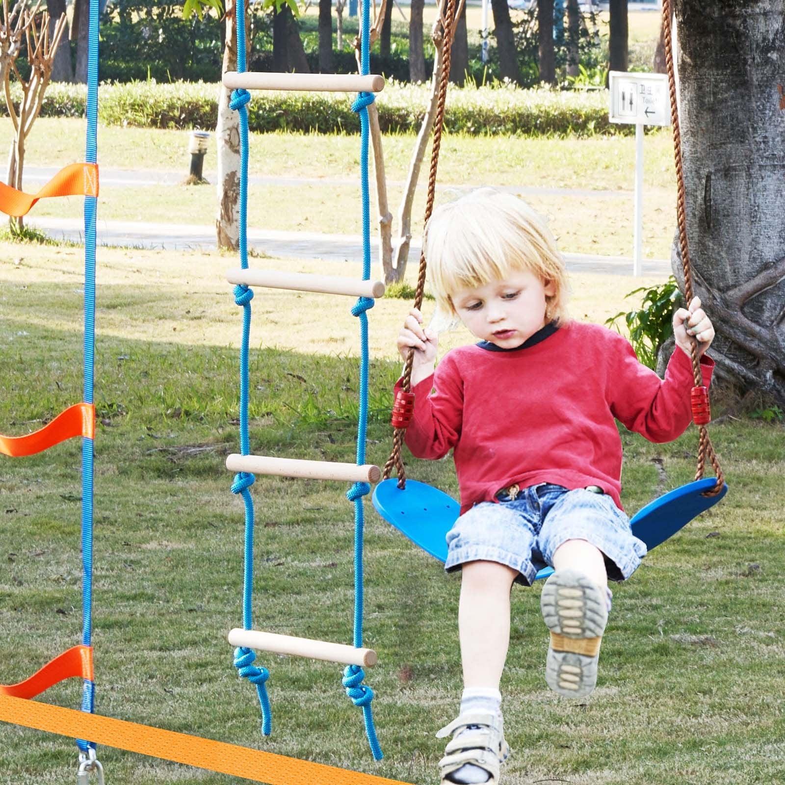 VEVOR Ninja Warrior Obstacle Course for Kids, 2 x 17m Weatherproof Slacklines, 227kg Weight Capacity Monkey Line, Outdoor Playset Equipment, Backyard Toys Training Equipment Set with 12 Obstacles