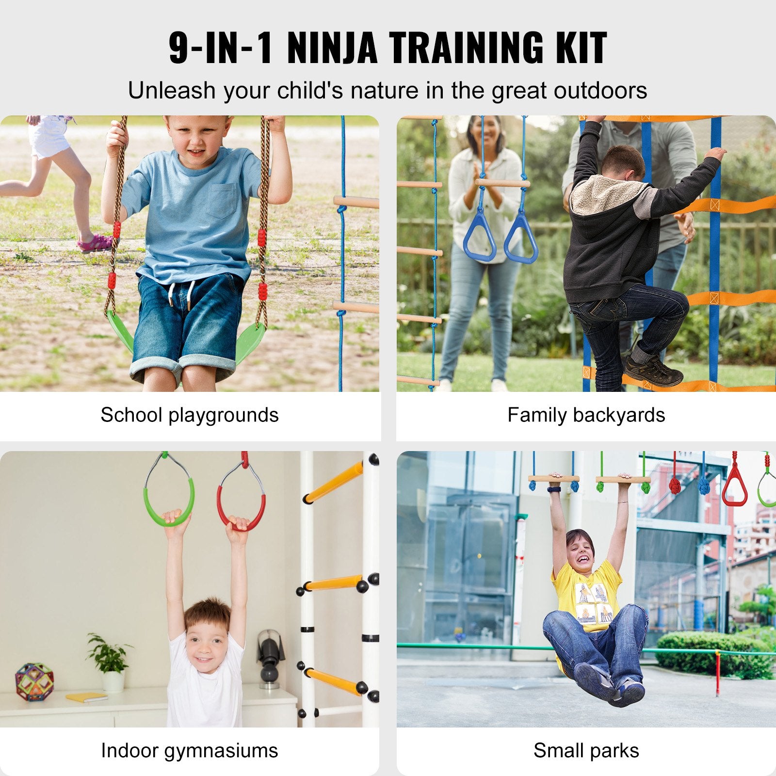 VEVOR Ninja Warrior Obstacle Course for Kids, 2 x 19.8m Weatherproof Slacklines, 500lbs Weight Capacity Monkey Line, Outdoor Playset Equipment, Backyard Toys Training Equipment Set with 12 Obstacles