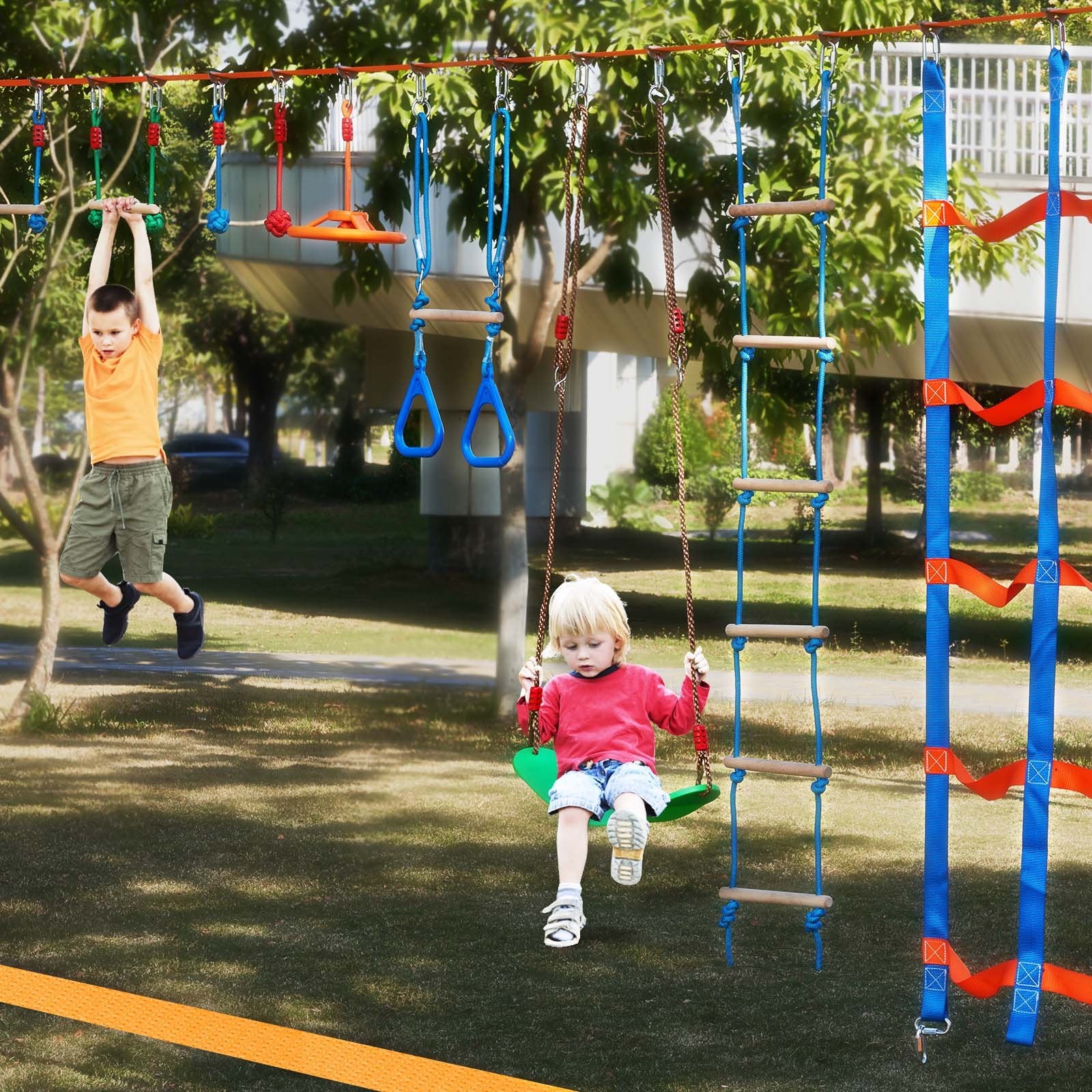 VEVOR Ninja Warrior Obstacle Course for Kids, 2 x 19.8m Weatherproof Slacklines, 500lbs Weight Capacity Monkey Line, Outdoor Playset Equipment, Backyard Toys Training Equipment Set with 12 Obstacles