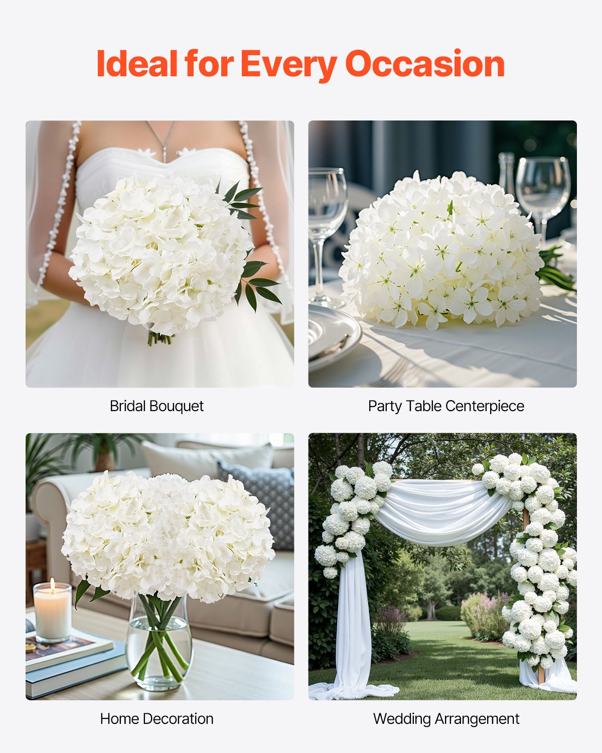 VEVOR Artificial Flowers, 105 pcs Real Looking White Silk Fake Hydrangea Bulk, White Faux Bridal Shower with Stems for DIY Wedding Bouquets, Home Centerpieces Arrangements, Party Tables Decorations