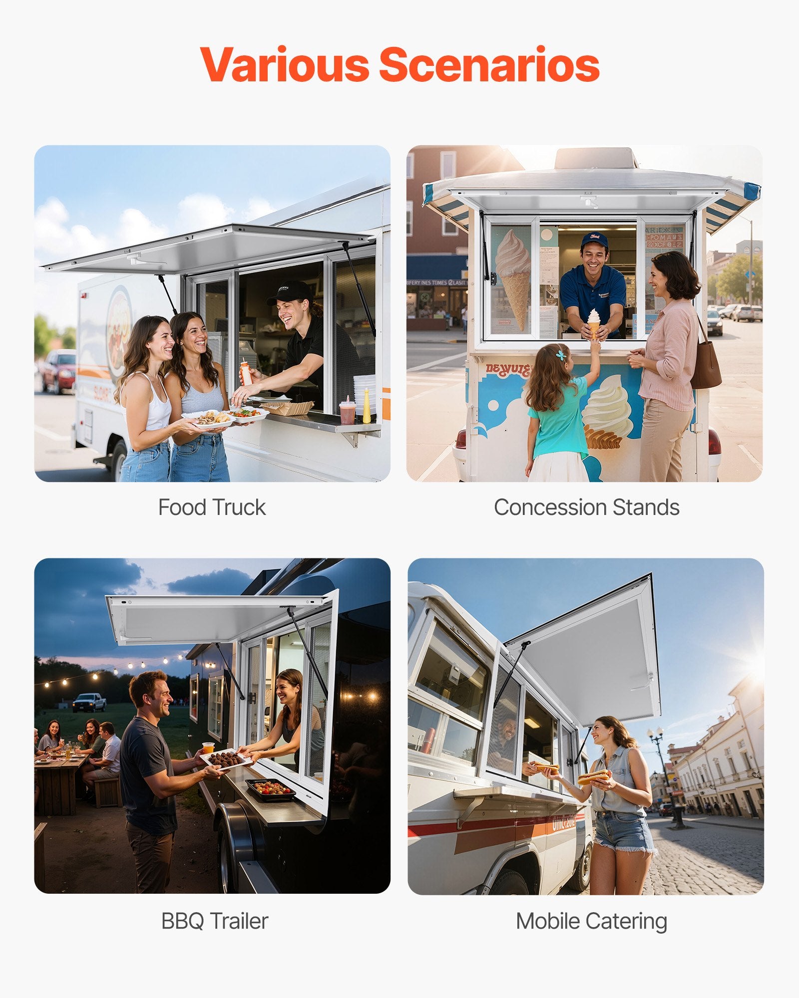VEVOR Concession Window 1346x838 mm, Aluminum Alloy Service Window for Food Truck, Up to 85 Degrees Stand Serving Window with 4 Sliding Windows, Awning Door, and Drag Hook, for Concession Trailers