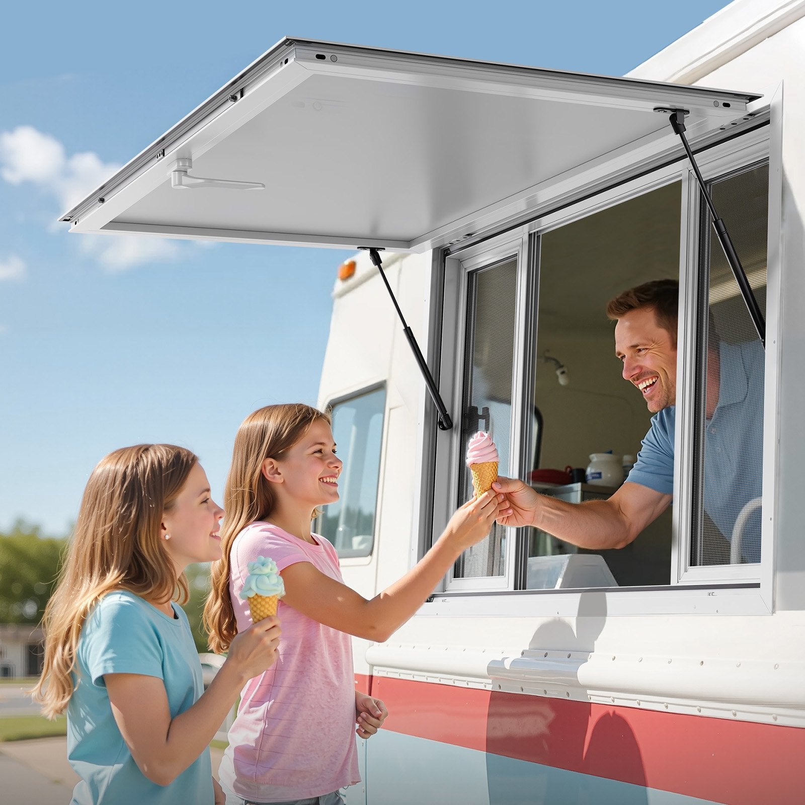 VEVOR Concession Window 1346x838 mm, Aluminum Alloy Service Window for Food Truck, Up to 85 Degrees Stand Serving Window with 4 Sliding Windows, Awning Door, and Drag Hook, for Concession Trailers