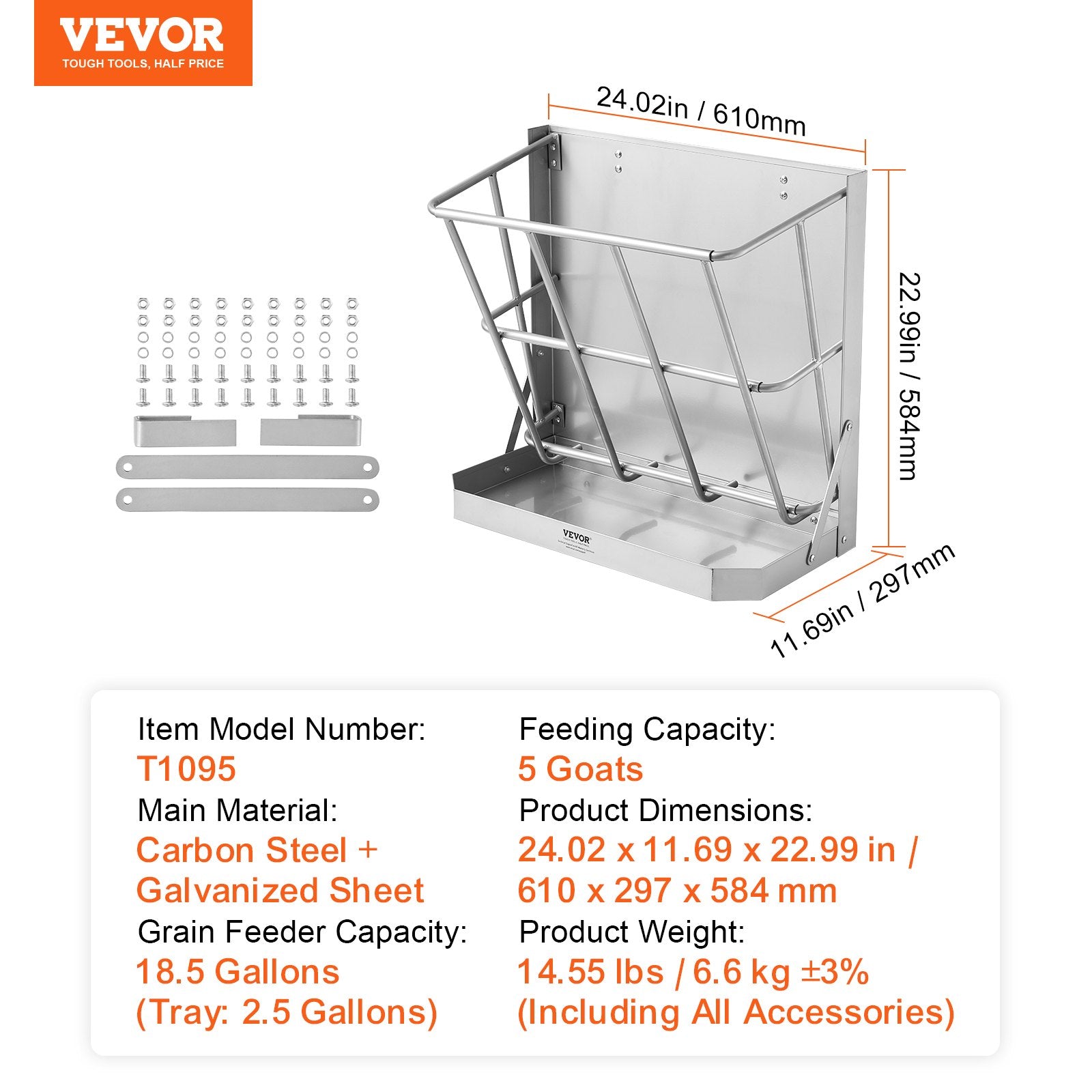 VEVOR Goat Hay Feeder, 21 Gallons Large Capacity, 2 in 1 Hay and Grain Feeder, Wall Mounted Livestock Feeder with Feed Tray, Multiple Sided Goat Hay Rack, Sturdy Steel Hay Rack for Sheep Horses