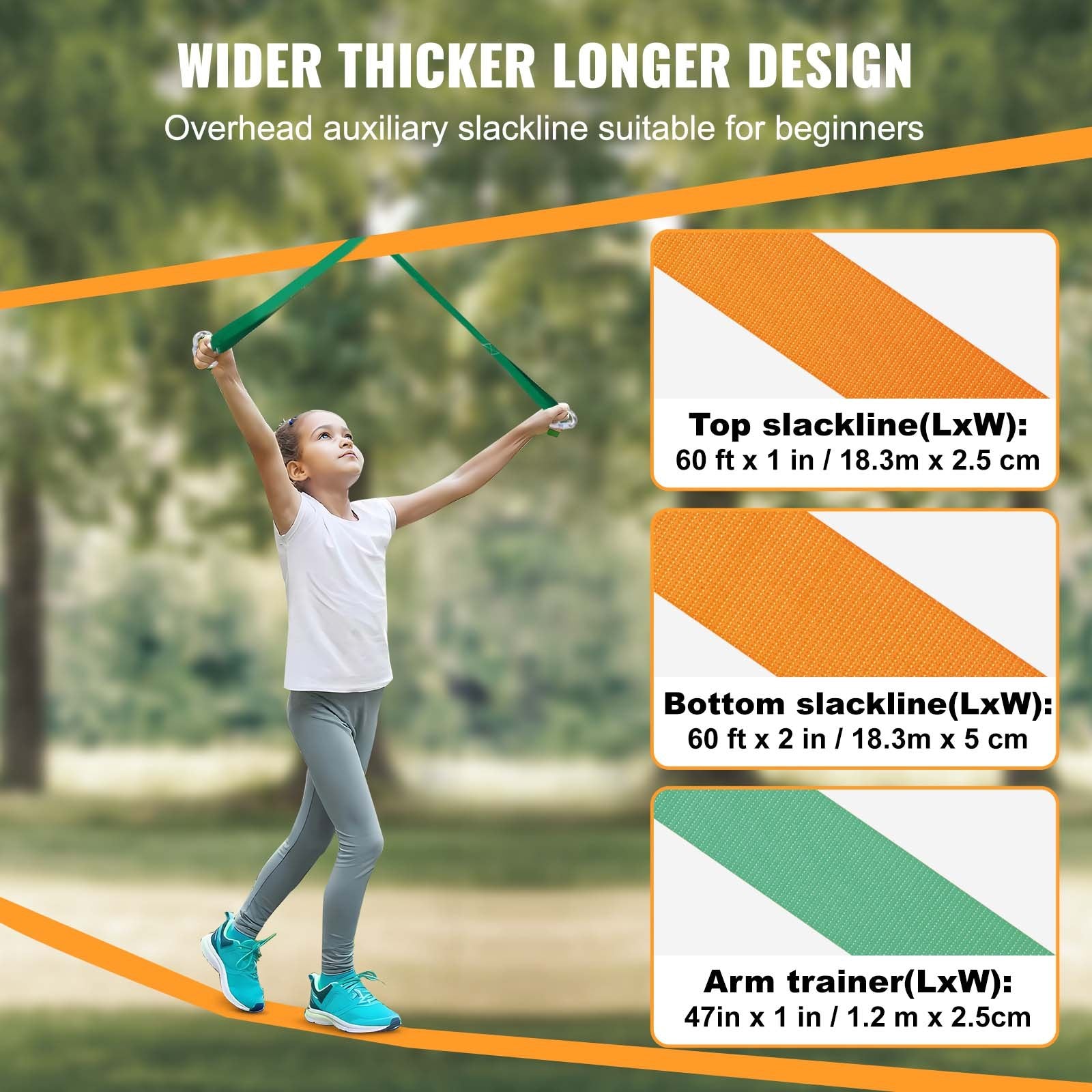 VEVOR Slackline Kit with Training Line, 18.3m Backyard Slack Line Equipment, Easy Setup Tight Rope for Kids Adults, Complete Slackline Set with Tree Protectors, Arm Trainer, Carry Bag, and Instruction