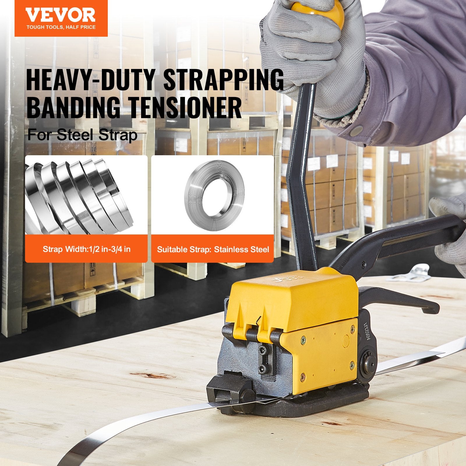 VEVOR Steel Strapping Tool for 13-19 mm Width, 3-in-1 Tensioner, Crimper, Cutter Manual Belt Packaging Banding Machine Packaging Metal Steel Strapping Banding Tool Machine for Stainless Steel Strap